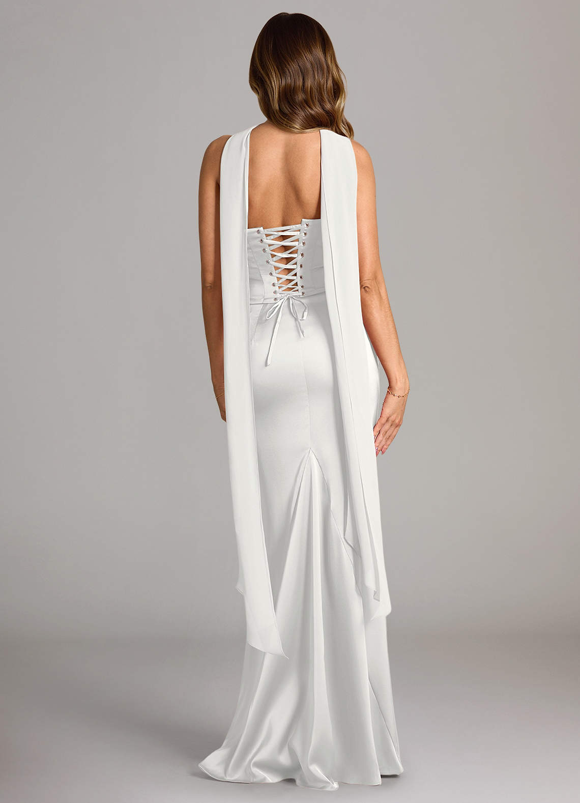 Sorrel Mermaid Cowl-Neck Stretch Satin and Chiffon Bridesmaid Dress in white