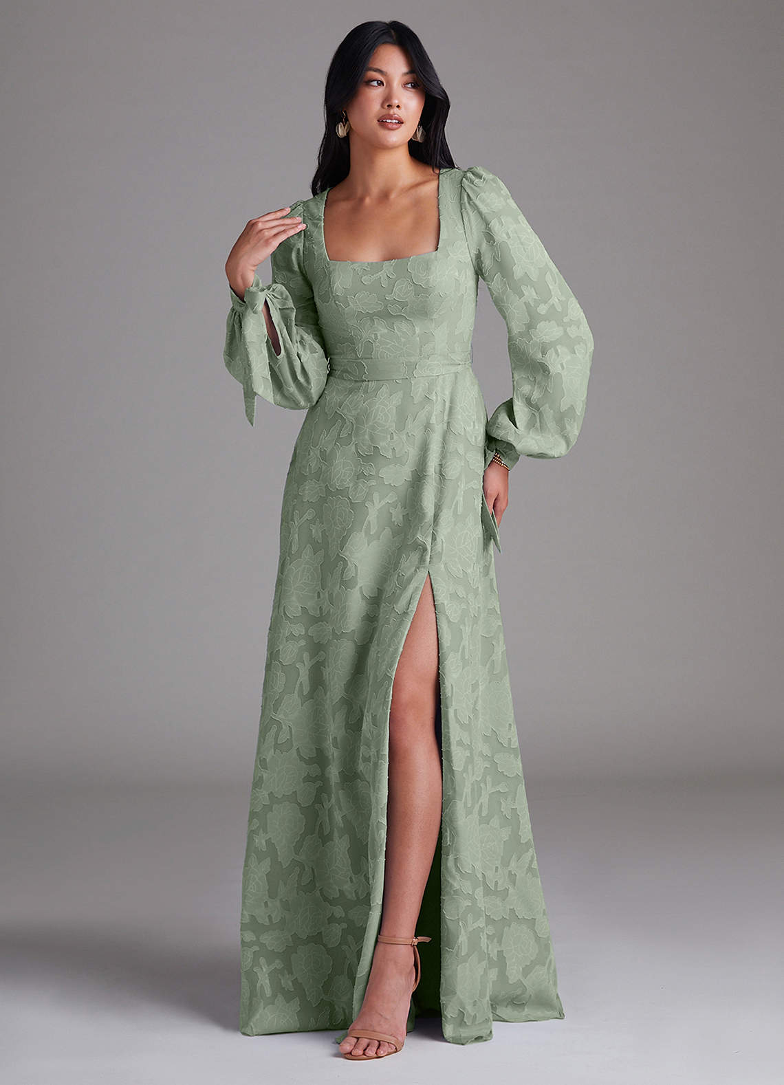 Leonia A-Line Square-Neck Stretch Satin Bridesmaid Dress in Agave