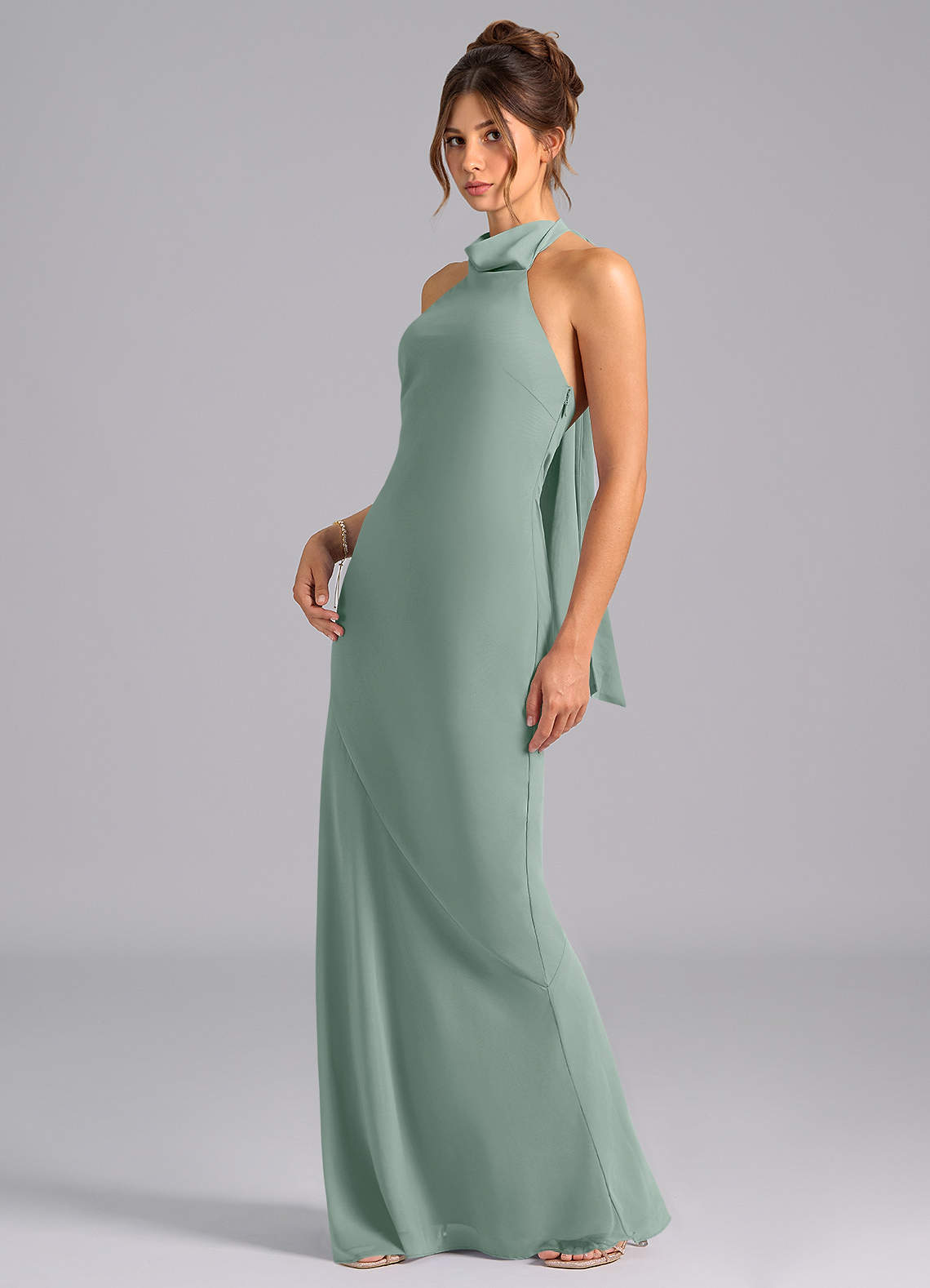 Velli Mermaid Halter Chiffon Bridesmaid Dress in Silver Sage