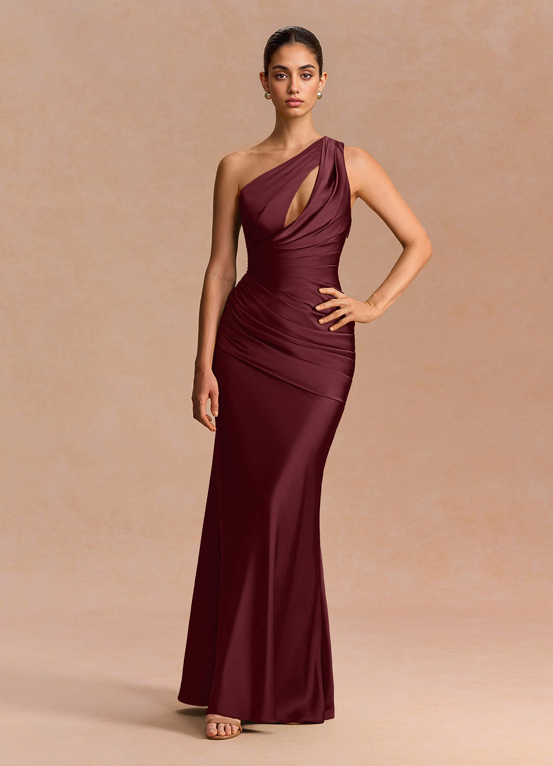 Guinevere One-Shoulder Cutout Stretch Satin Evening Dress in Wine