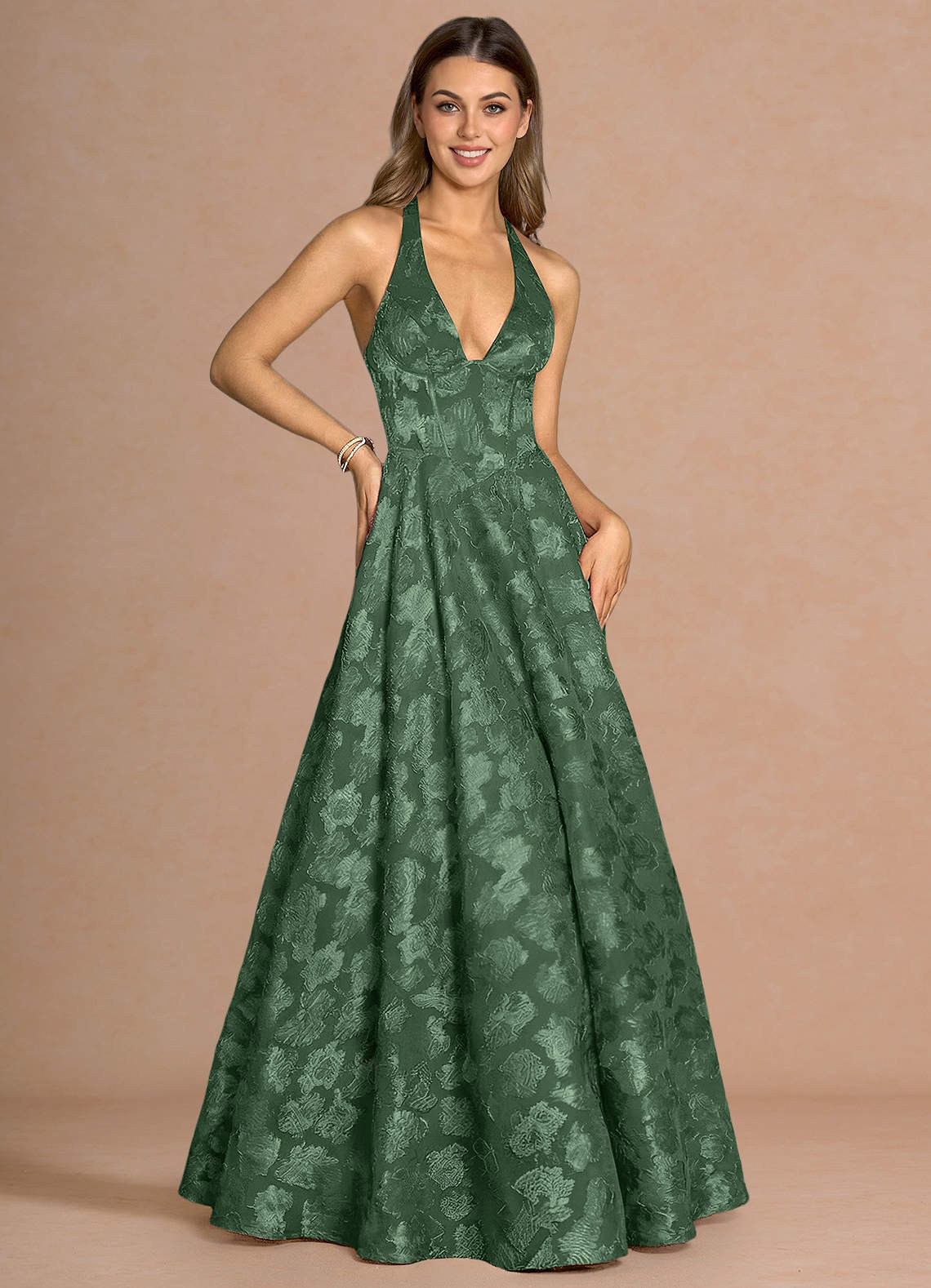Isabeau A-Line V-Neck Fil Coupé Evening Dress in Lemon Sorbet