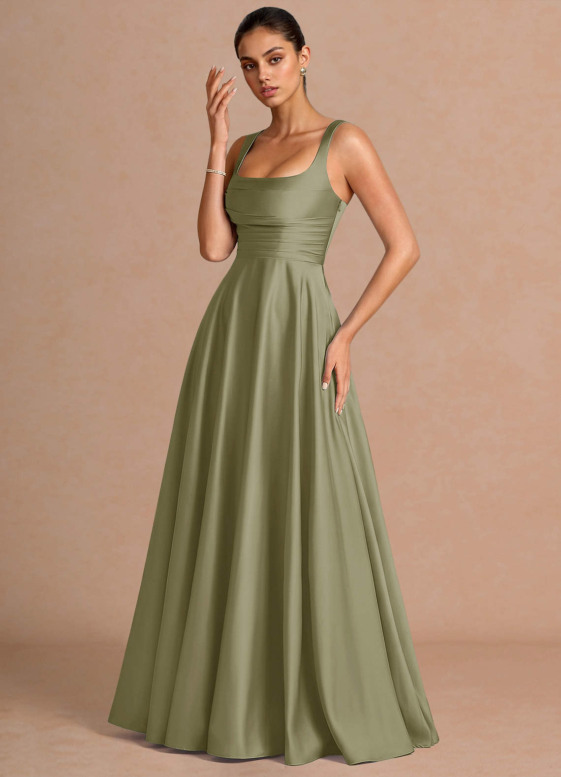 Azaria A-Line Square-Neck Stretch Satin Wedding Guest Dress in Haze blue