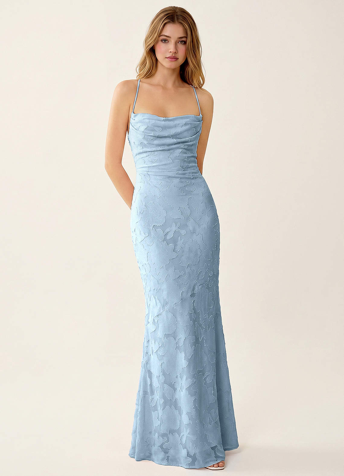 Natasha Mermaid Spaghetti-Strap Floral Burnout Evening Dress in Sky Blue