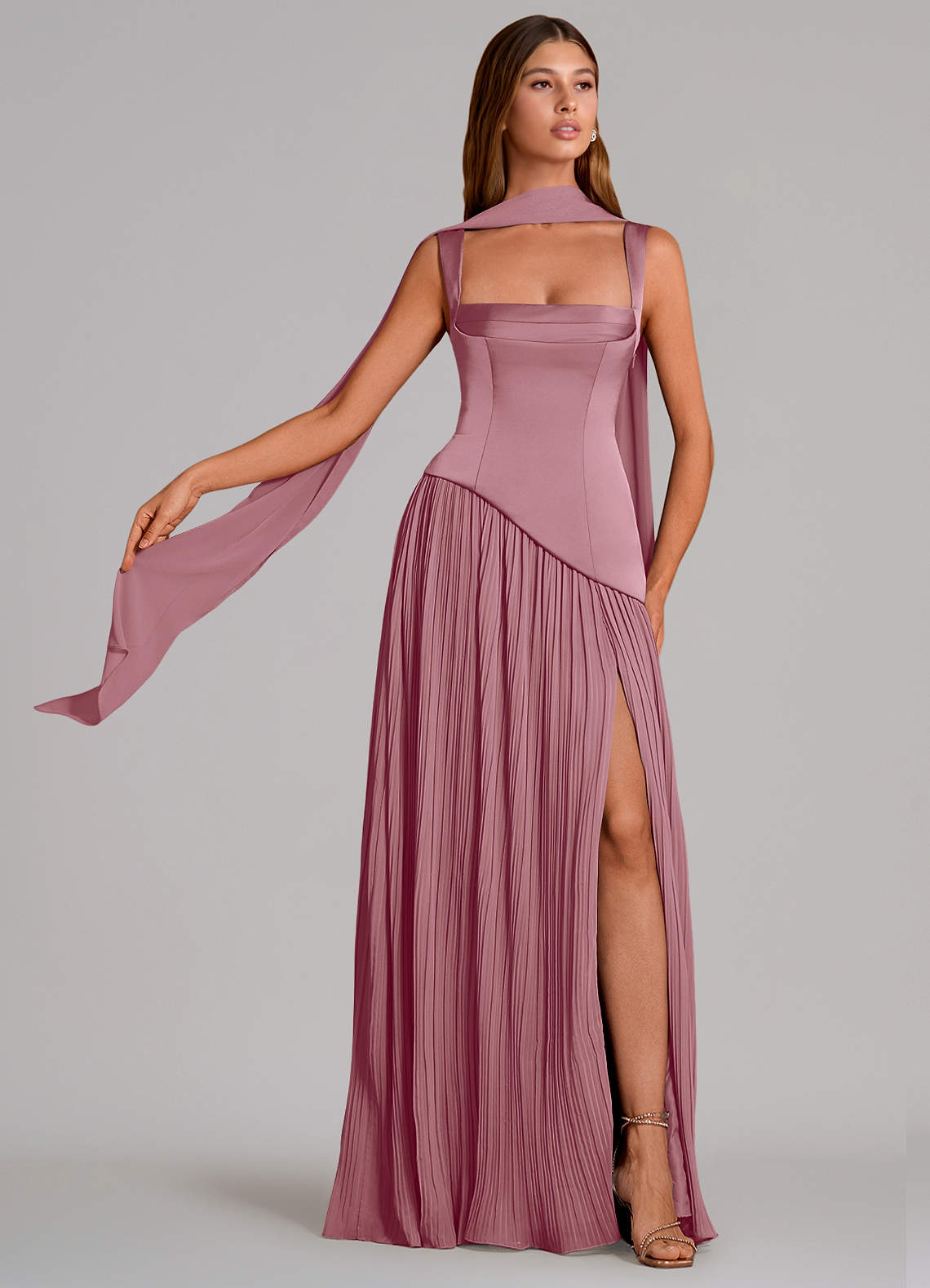 Stephanie A-Line Square-Neck Stretch Satin and Chiffon Bridesmaid Dress in Vintage Mauve