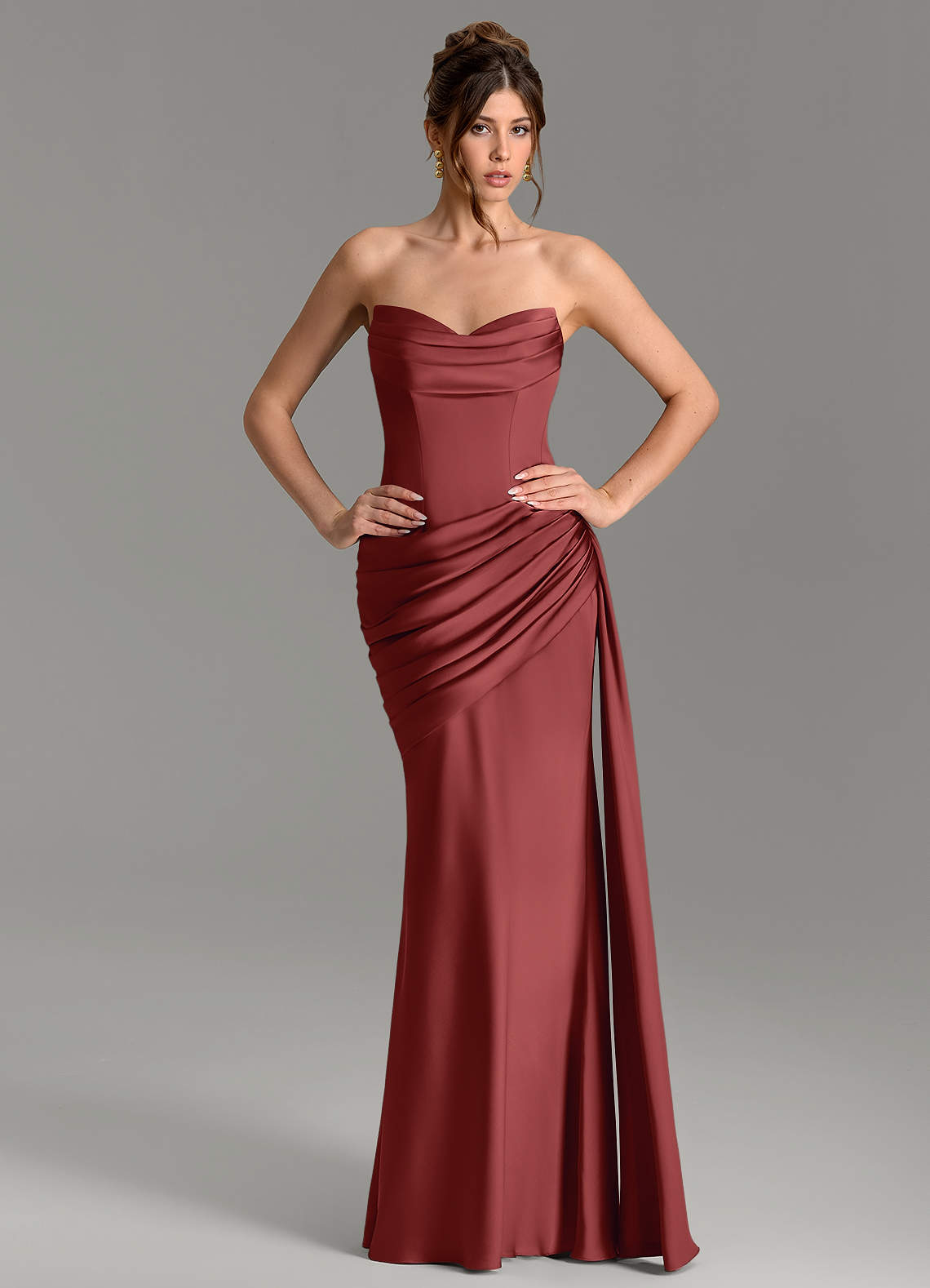 Zorah Mermaid Sweetheart Stretch Satin Bridesmaid Dress in Terracotta