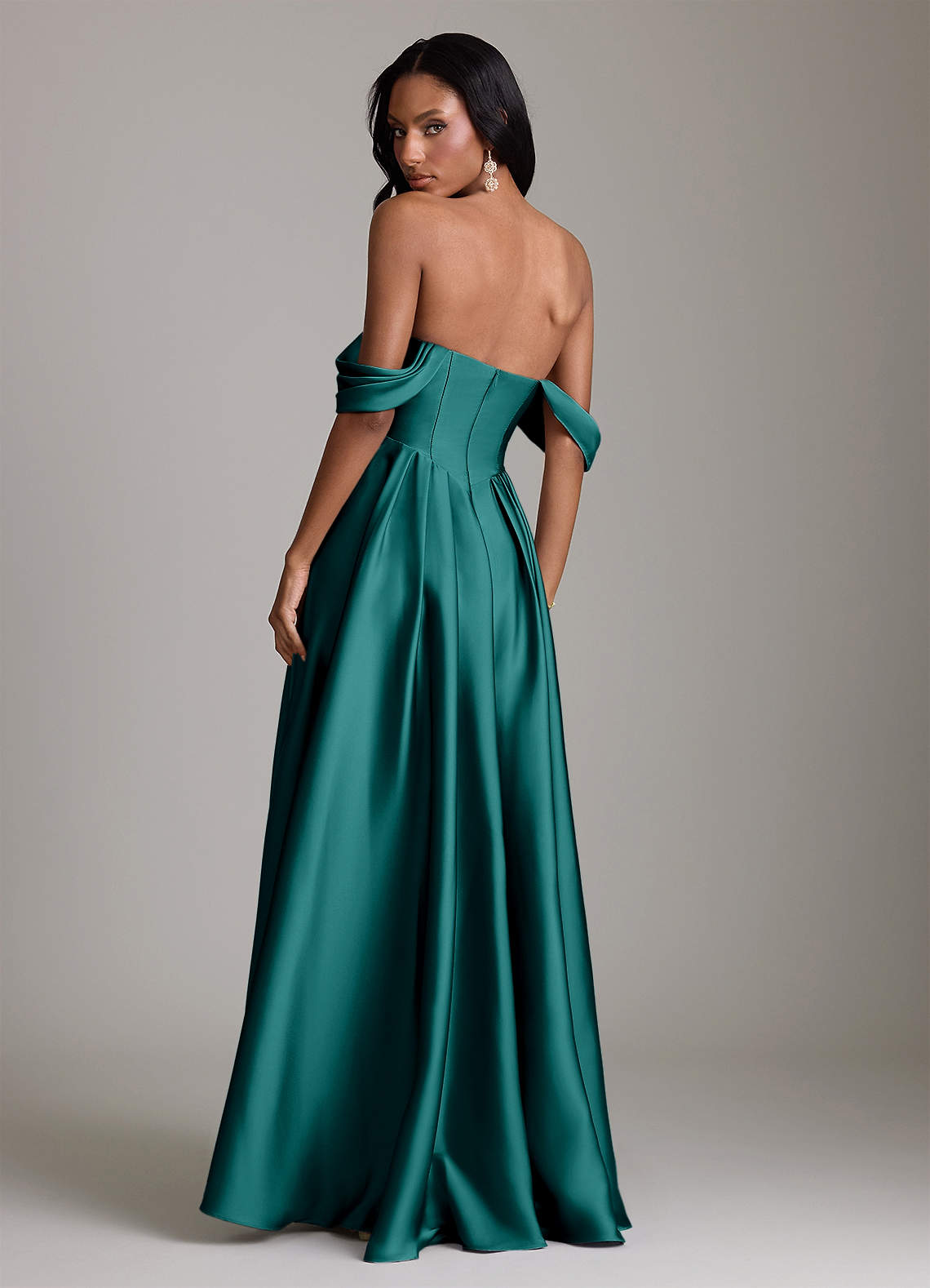Loisa A-Line Off-the-Shoulder Stretch Satin Bridesmaid Dress in Peacock
