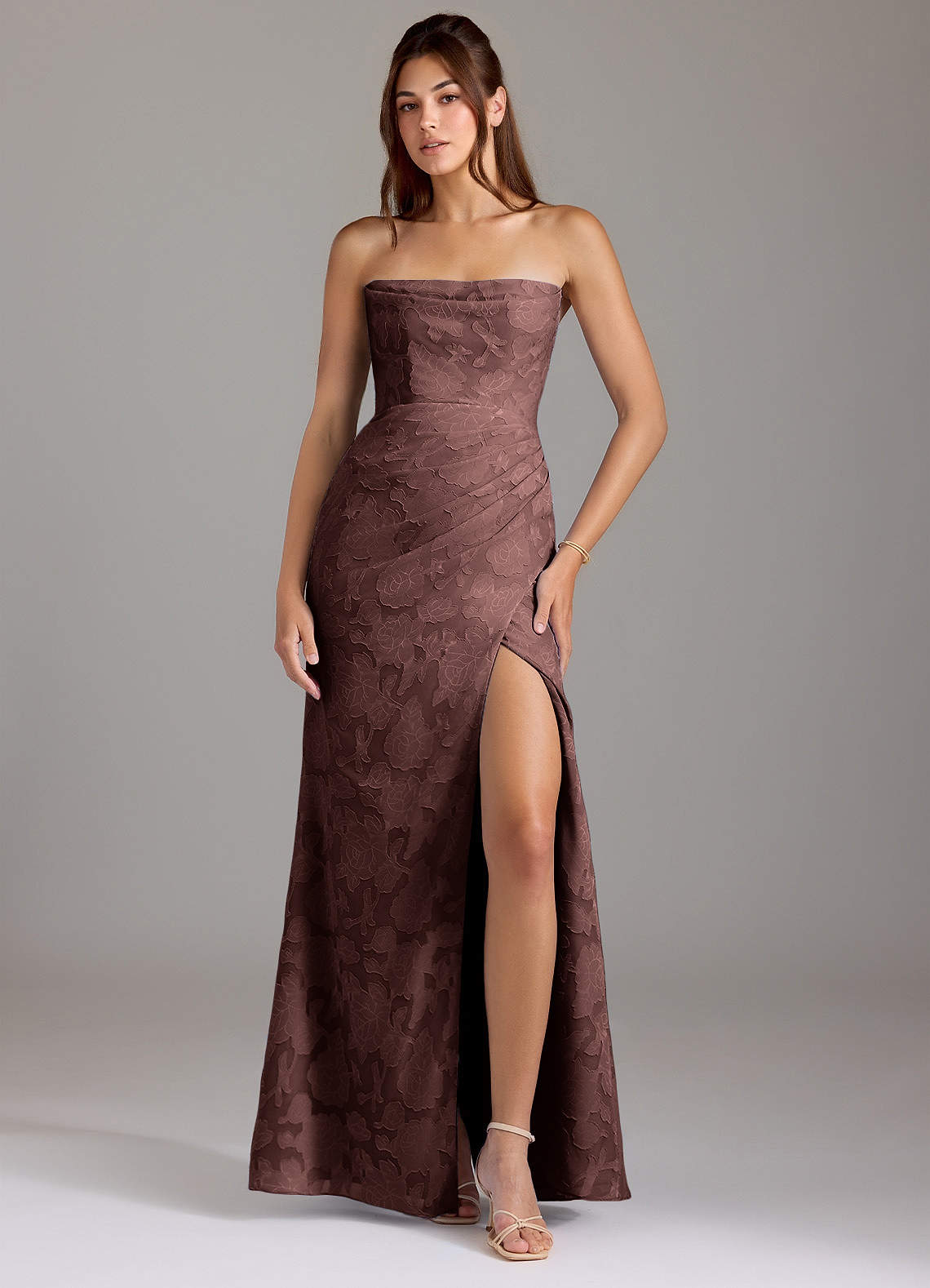 Leonis Sheath Strapless Floral Burnout Bridesmaid Dress in Espresso