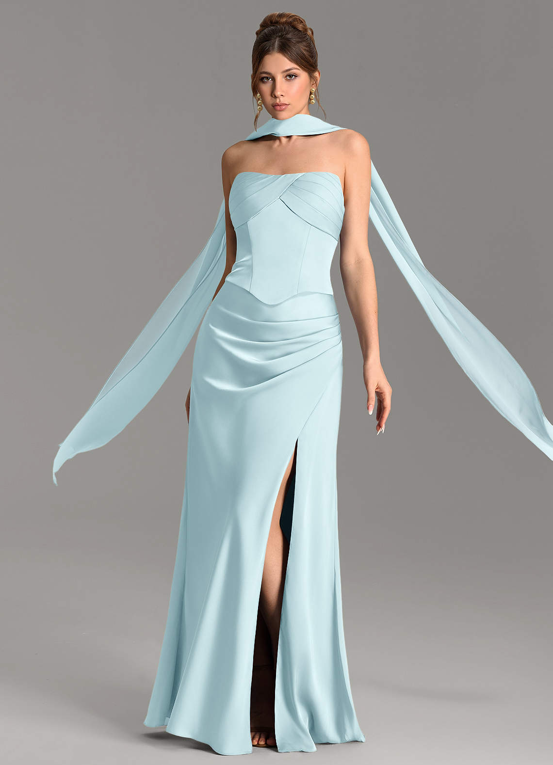 Nicki Sheath Scoop-Neck Stretch Satin Bridesmaid Dress in Cloud Blue