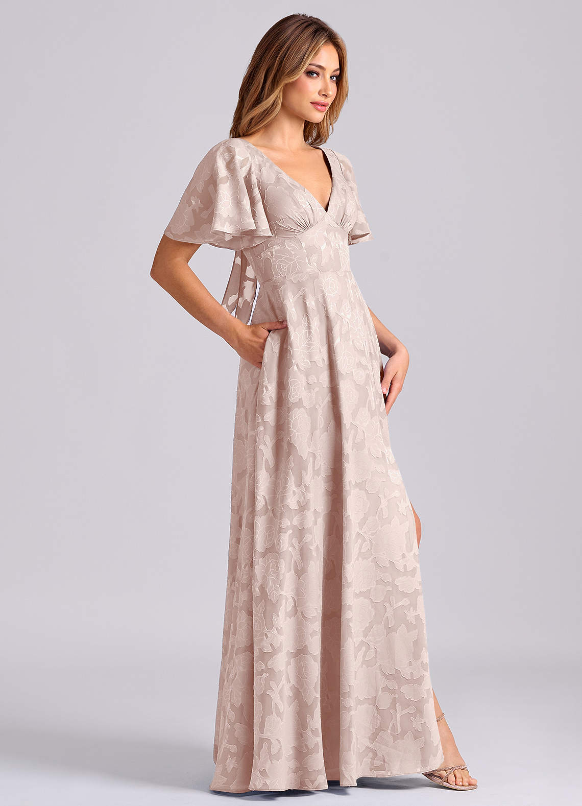 Kimber A-Line V-Neck Floral Burnout Bridesmaid Dress in Blushing Pink