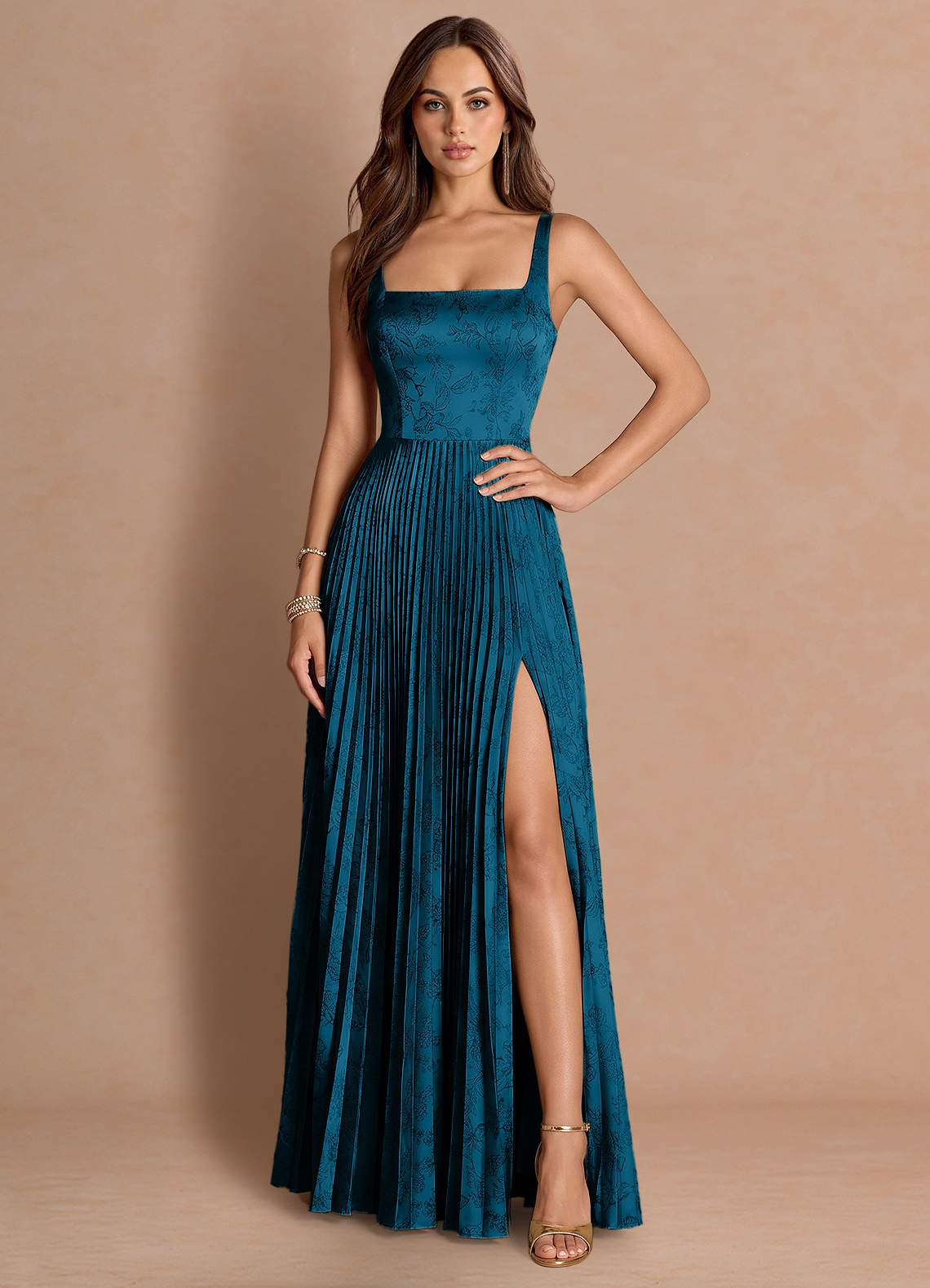 Tatiana A-Line Square-Neck Jacquard Wedding Guest Dress in Navy Black