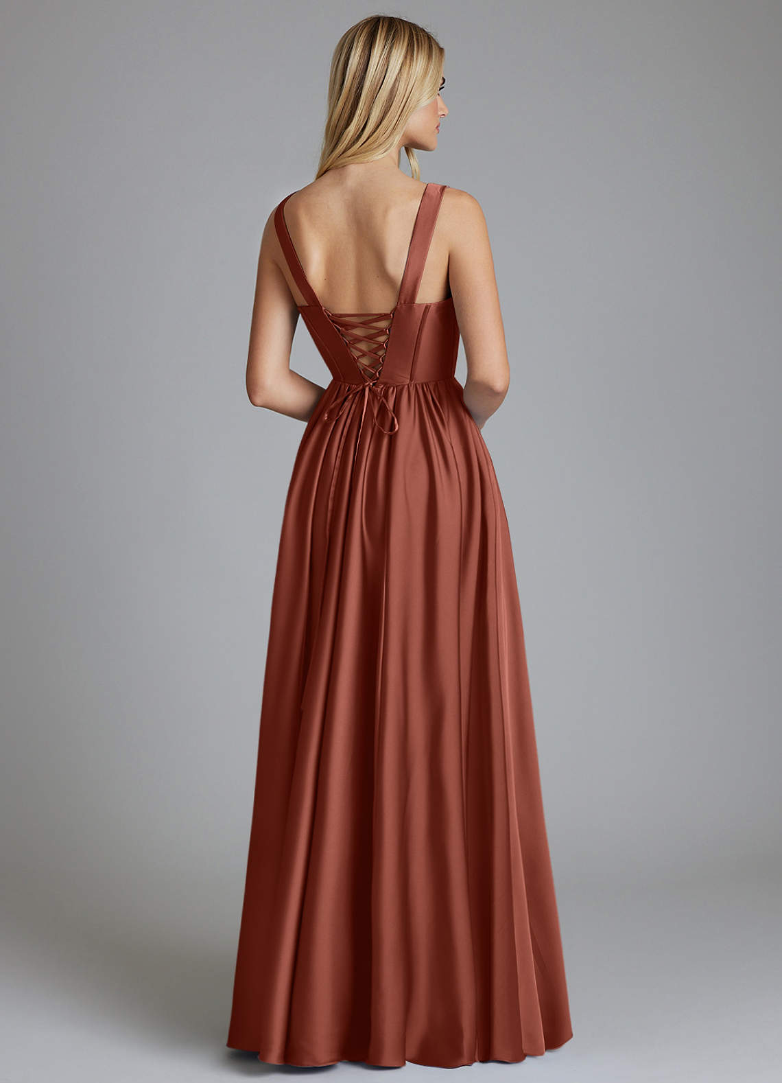 Delmie A-Line V-Neck Stretch Satin Bridesmaid Dress in Auburn