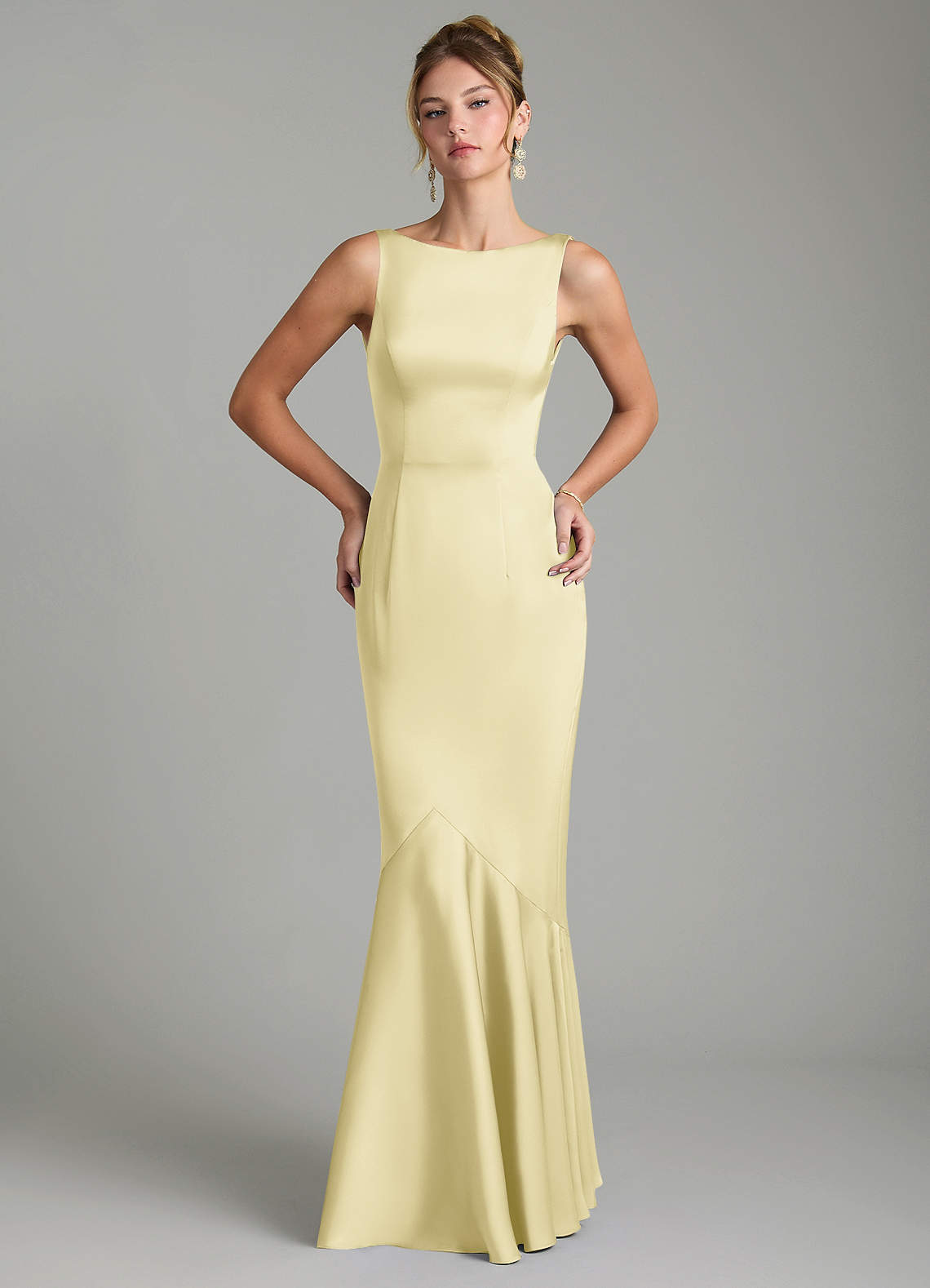 Tamera Mermaid Boat-Neck Stretch Satin and Chiffon Bridesmaid Dress in Lemon Sorbet