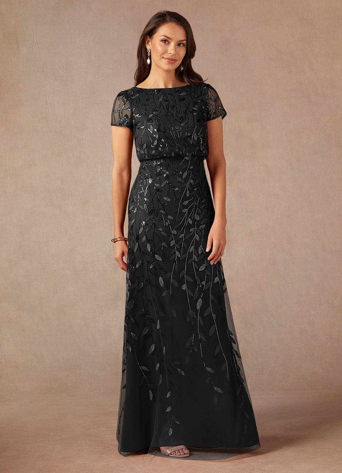 Lehi A-Line Boat-Neck Sequined Tulle Mother of the Bride Dress in black