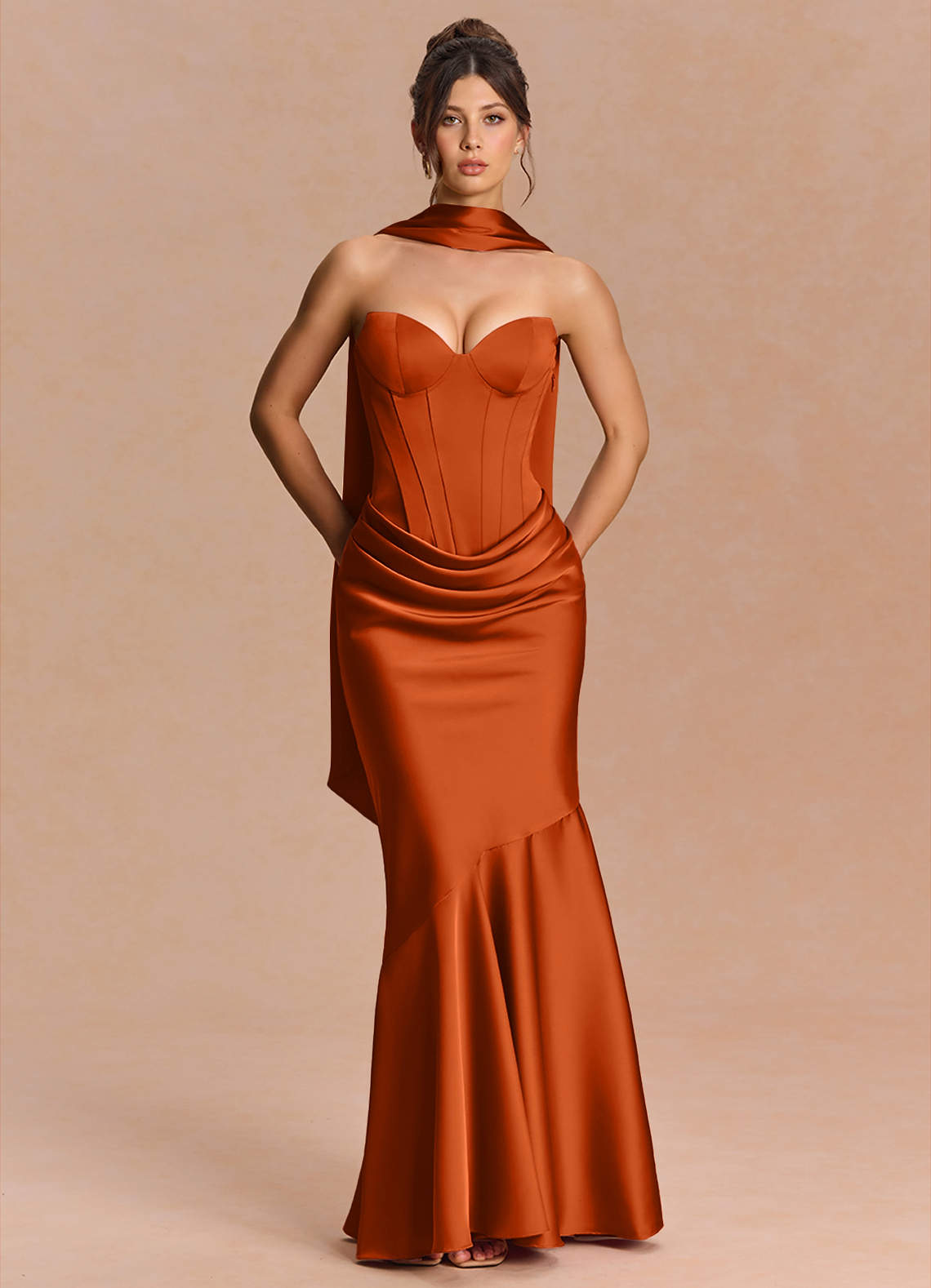 Euphemia Mermaid Strapless Stretch Satin Evening Dress in Rust