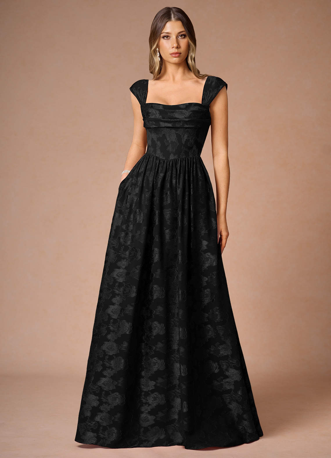 Hazel A-Line Cowl-Neck Fil Coupé Wedding Guest Dress in Black