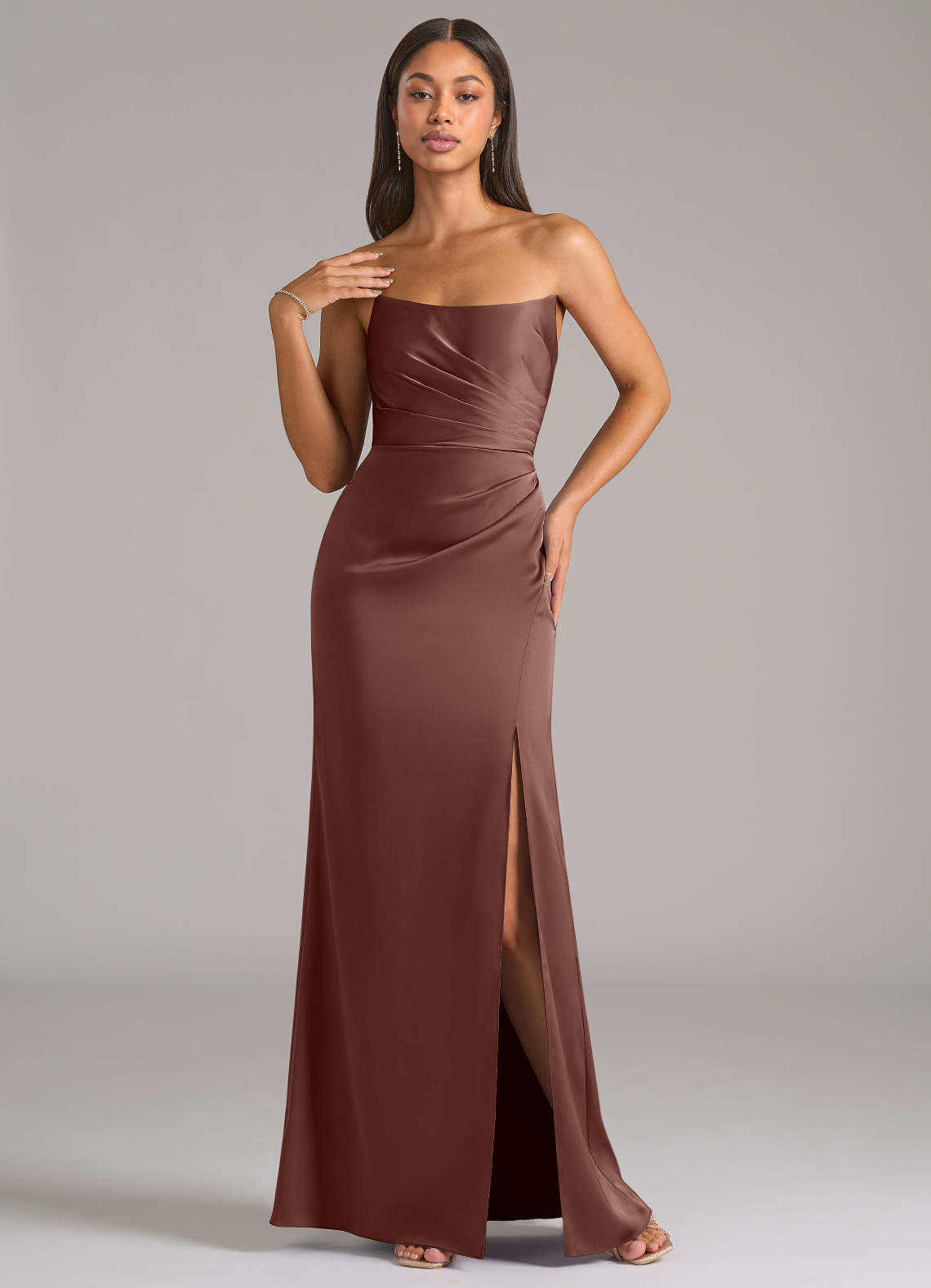 Marla Sheath Strapless Stretch Satin Bridesmaid Dress in Espresso