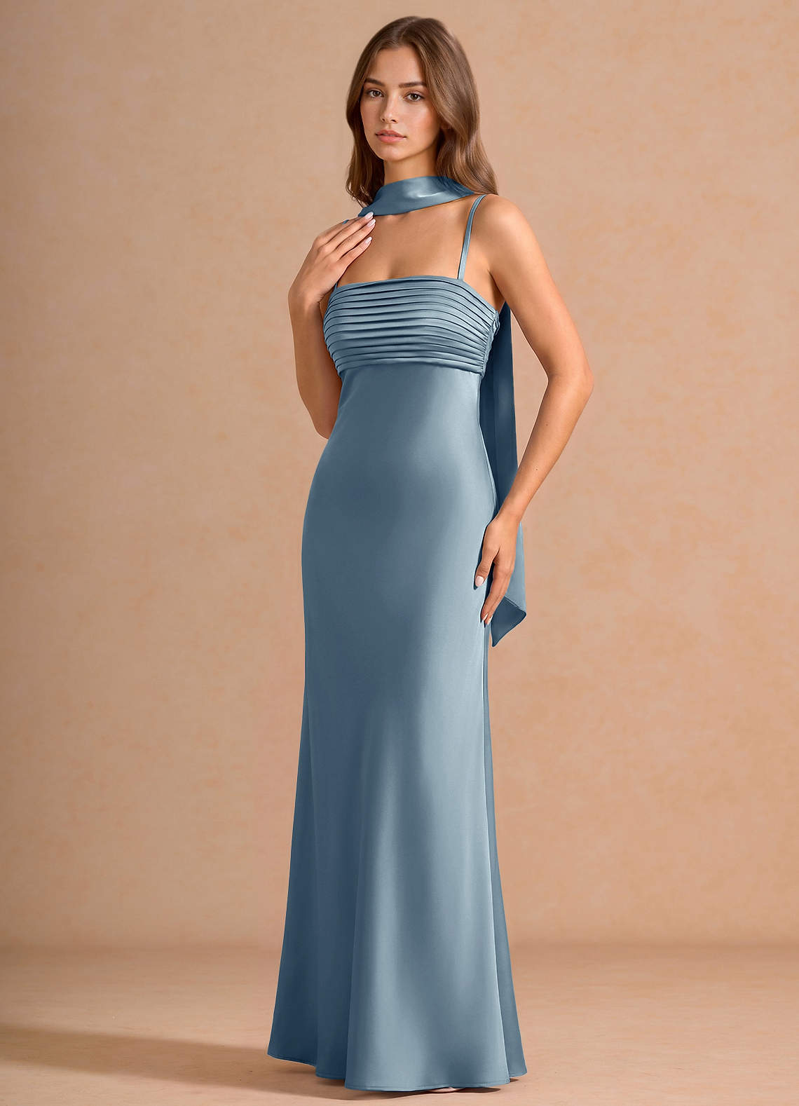 Seraphina A-Line Scarf Stretch Satin Evening Dress in Powder Blue