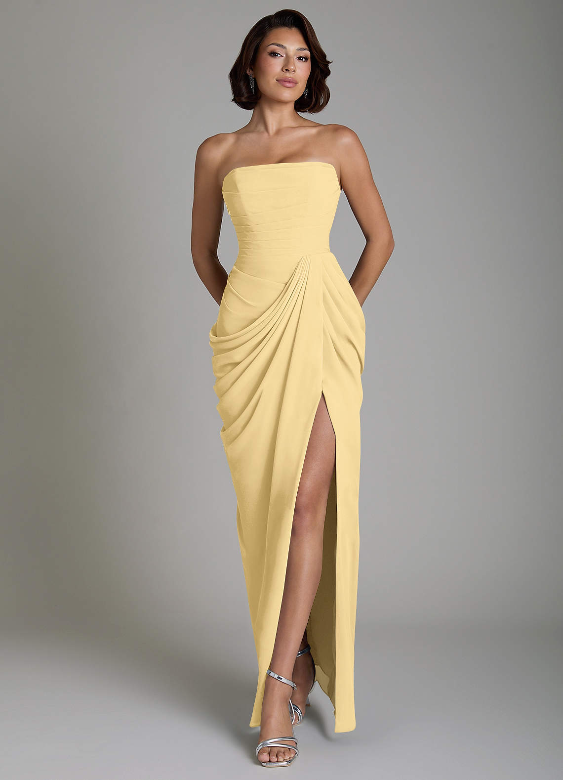 Nyra Sheath Strapless Chiffon Bridesmaid Dress in Butter