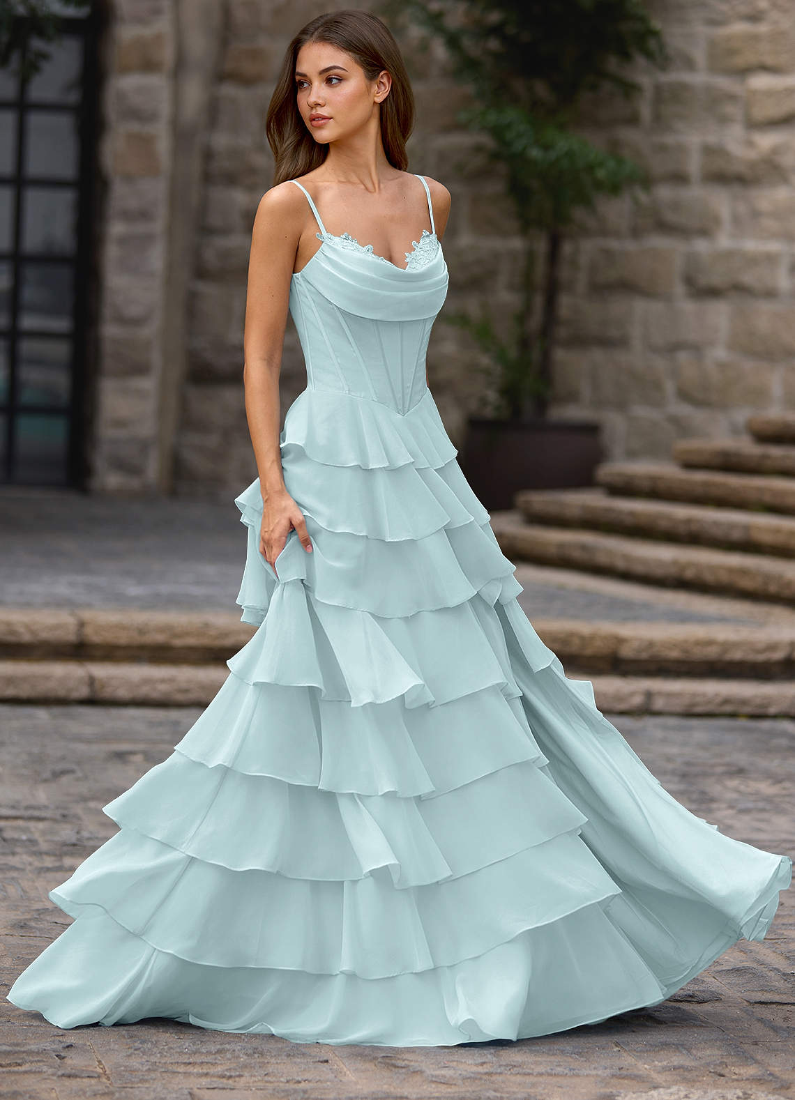Floralace A-Line Ruffle Chiffon Evening Dress in Mist