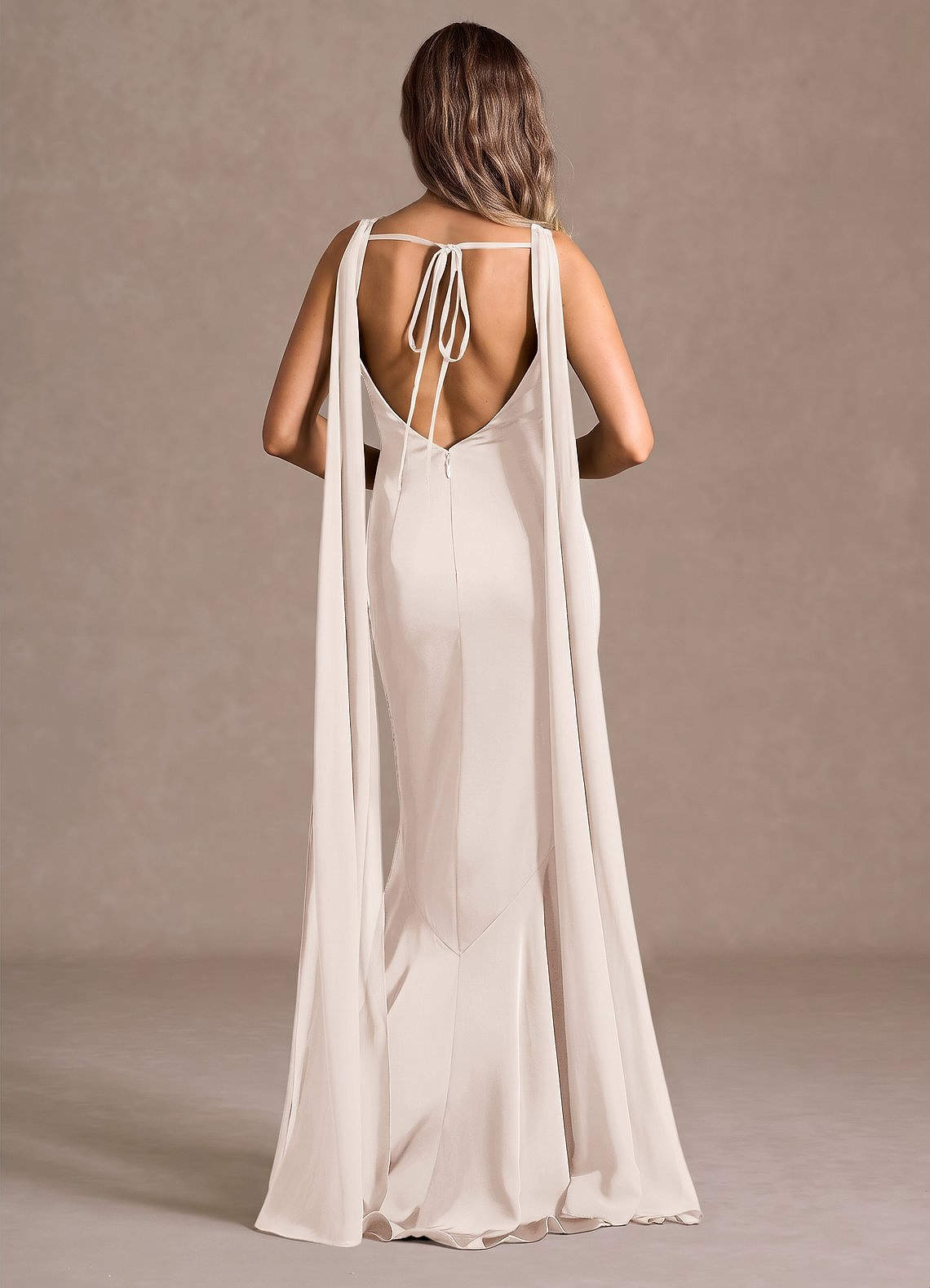 Wynne Mermaid Shoulder-Scarf Stretch Satin Evening Dress in Cream
