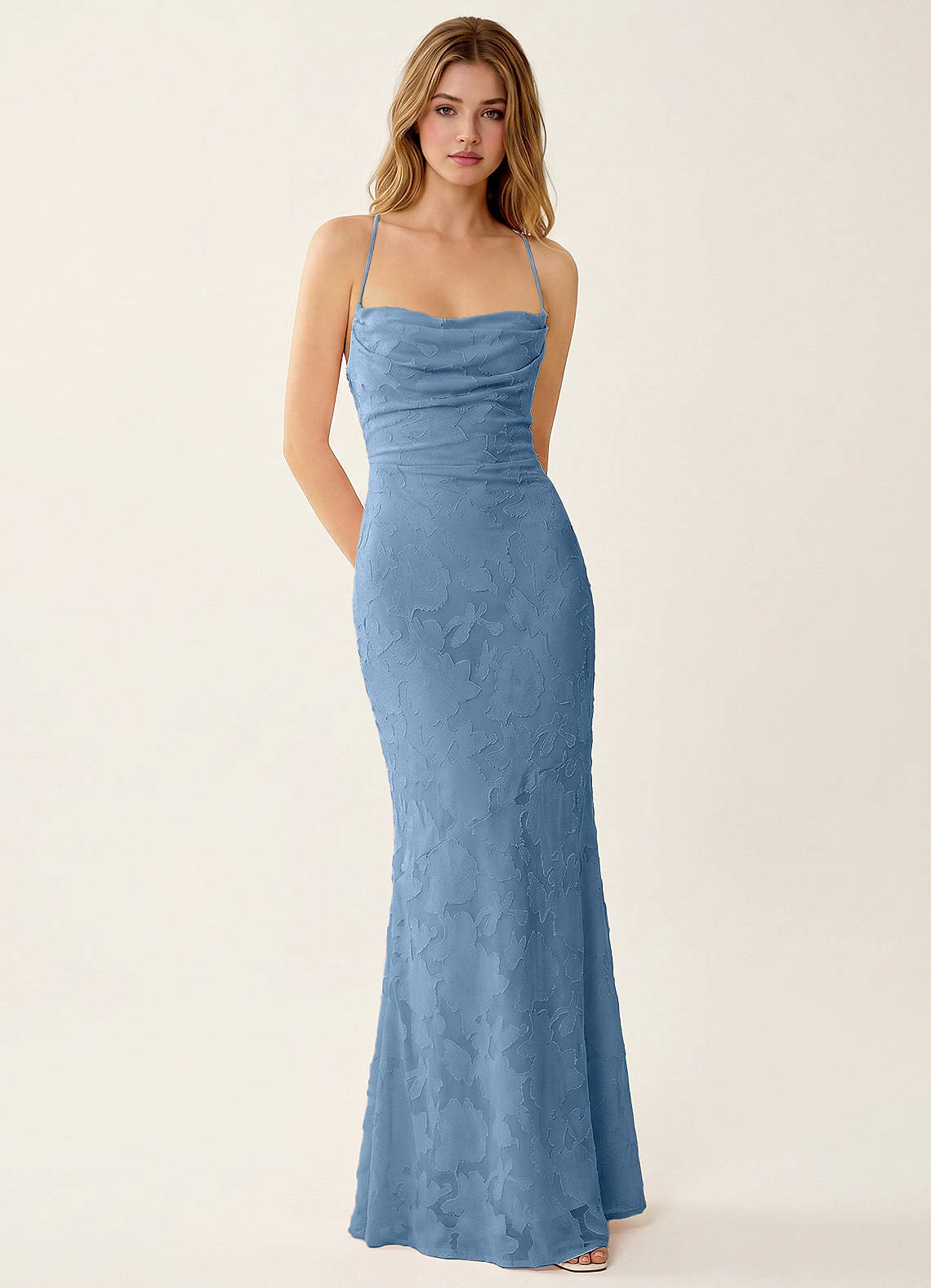 Natasha Mermaid Spaghetti-Strap Floral Burnout Evening Dress in Steel Blue