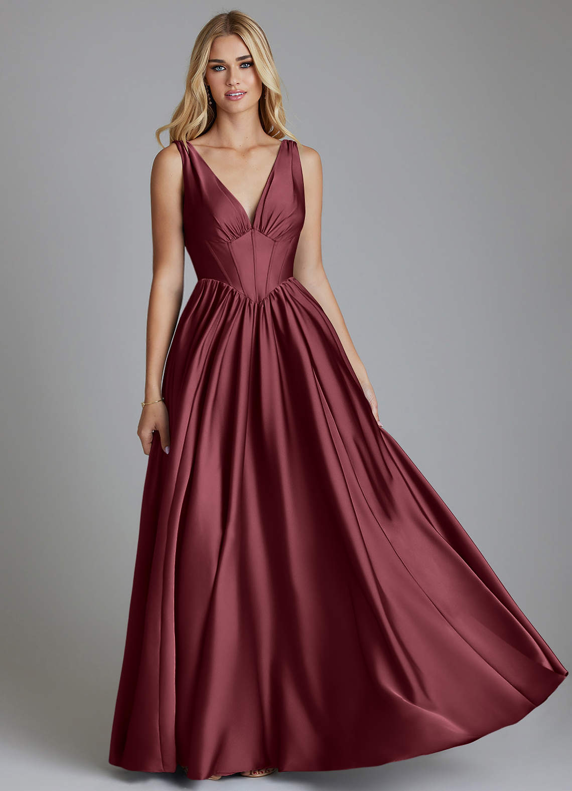 Delmie A-Line V-Neck Stretch Satin Bridesmaid Dress in Merlot