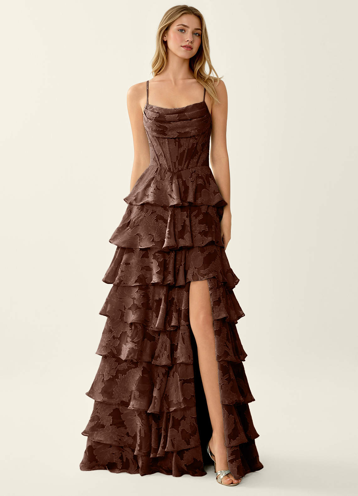 Wrenana A-Line Cowl-Neck Floral Burnout Evening Dress in Mocha Coco