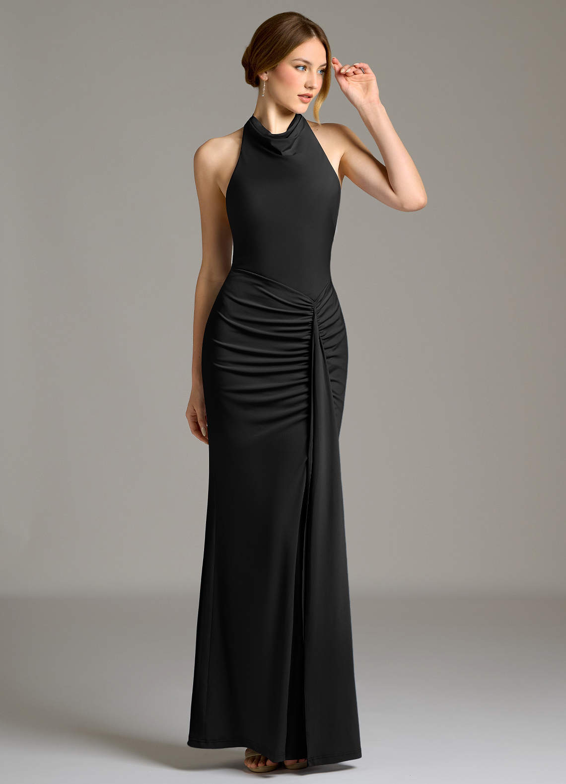 Raevynn Mermaid Halter Stretch Jersey Bridesmaid Dress in black