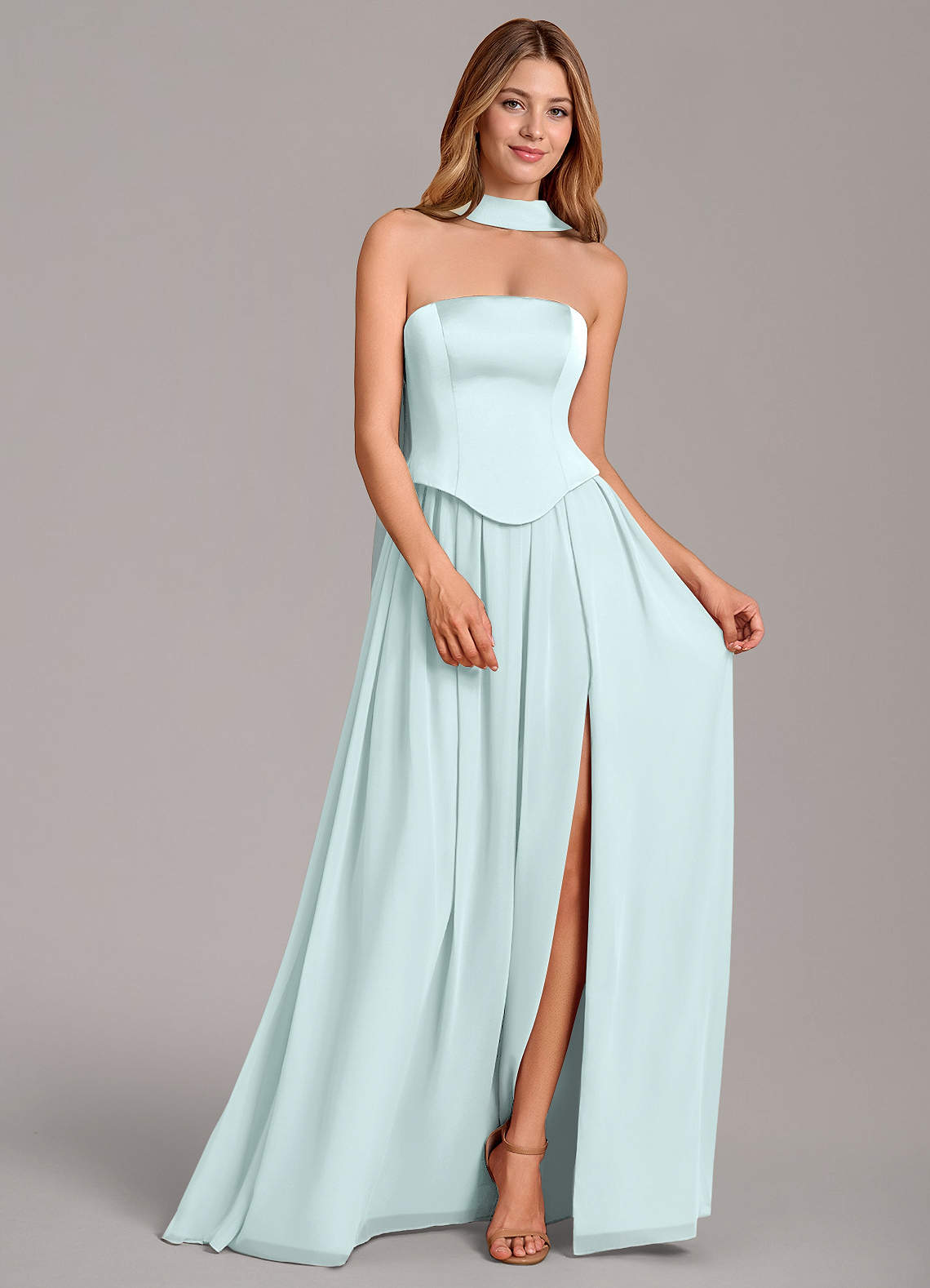 Cadence A-Line Strapless Chiffon and Stretch Satin Bridesmaid Dress in Sea Glass