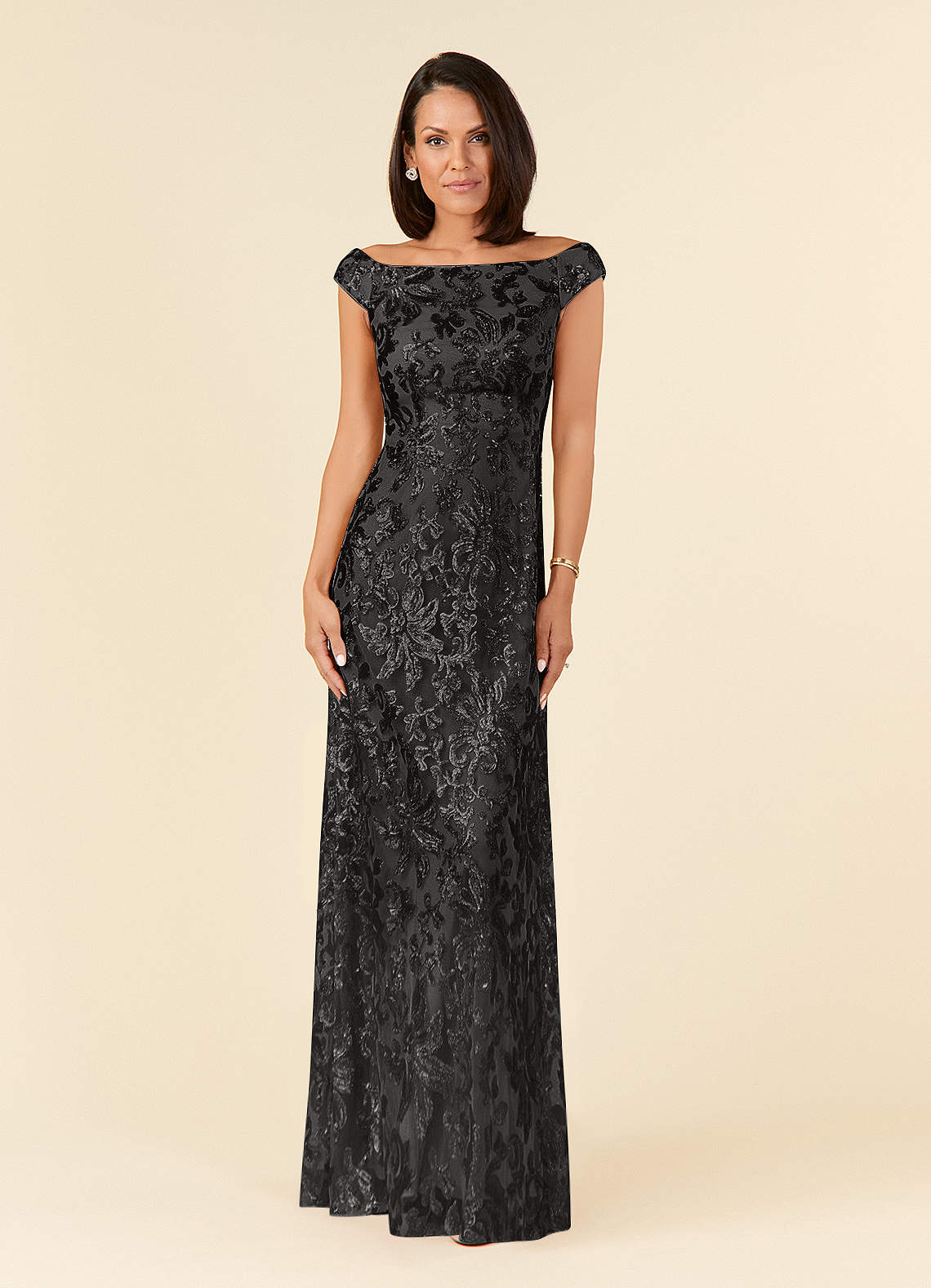 Porcelain A-Line Off-the-Shoulder Lace Mother of the Bride Dress in black