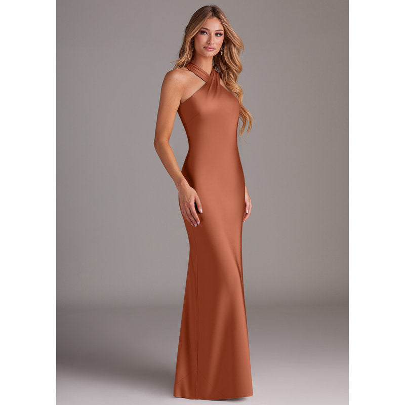 Doretta Mermaid Halter Stretch Satin Bridesmaid Dress in Cedar Rose - view 3