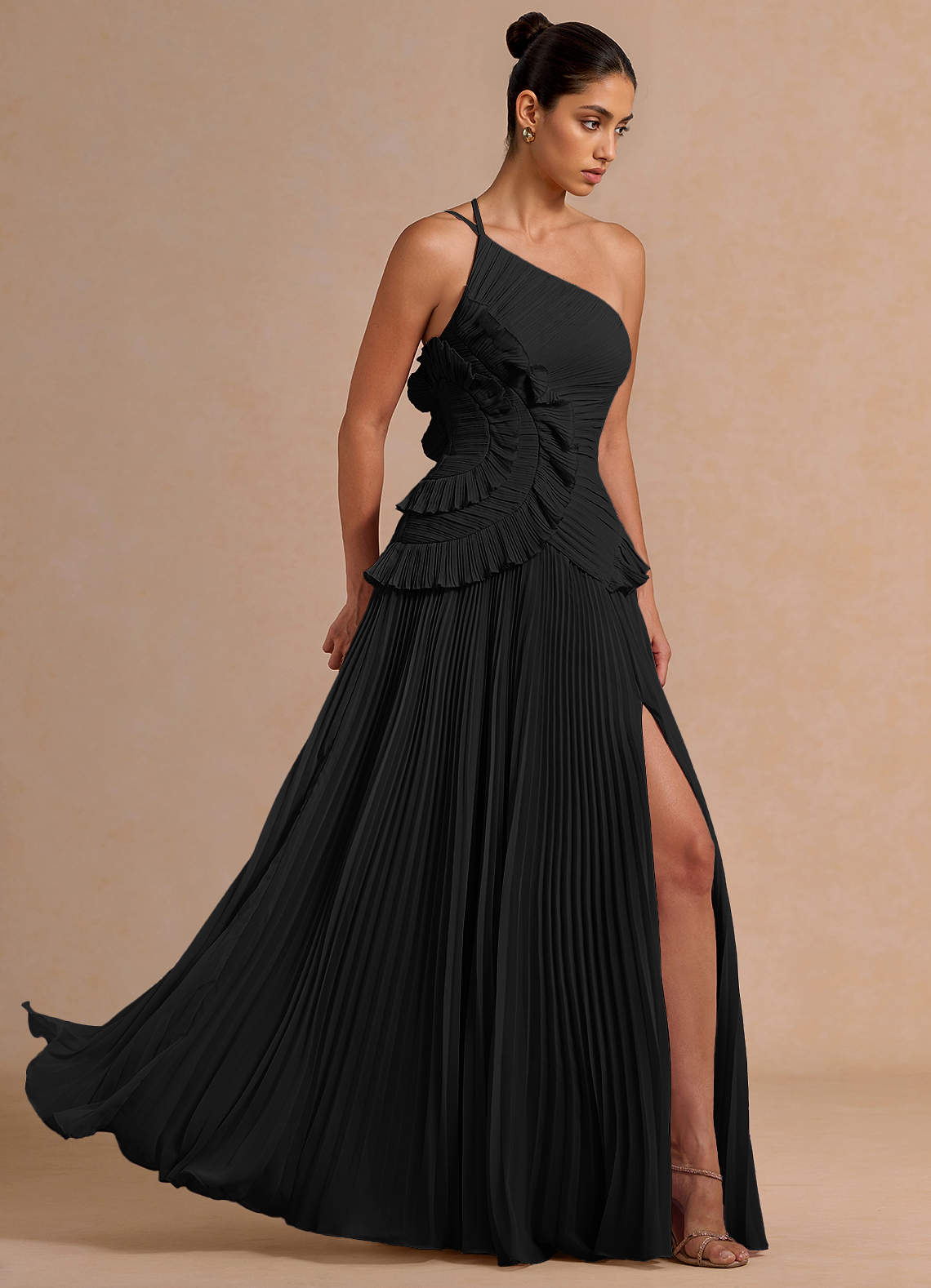 Melody A-Line One-Shoulder Chiffon Evening Dress in black