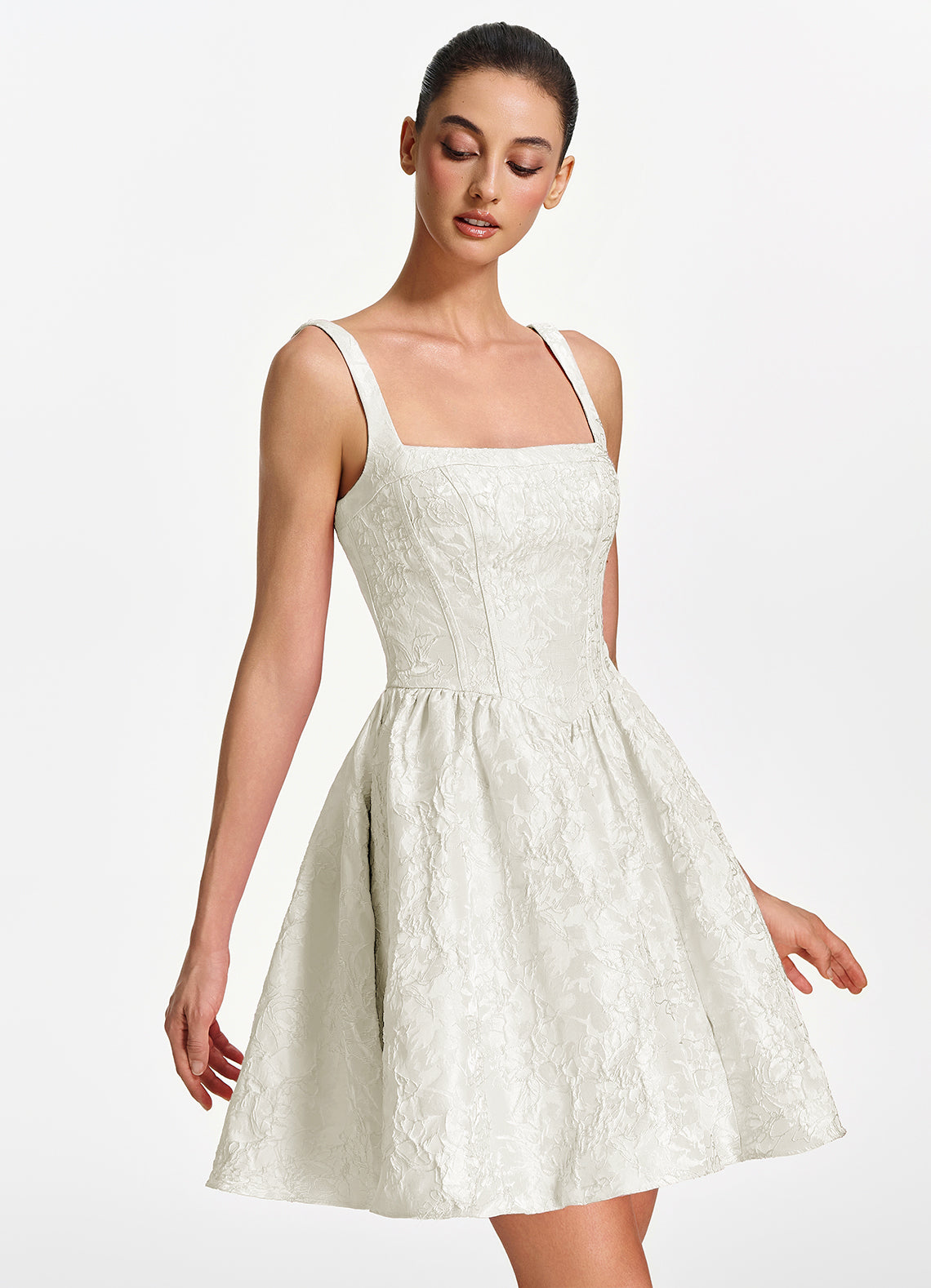 Lionelle Skater Mini Square-Neck Jacquard Prom Dress in White - photo 3