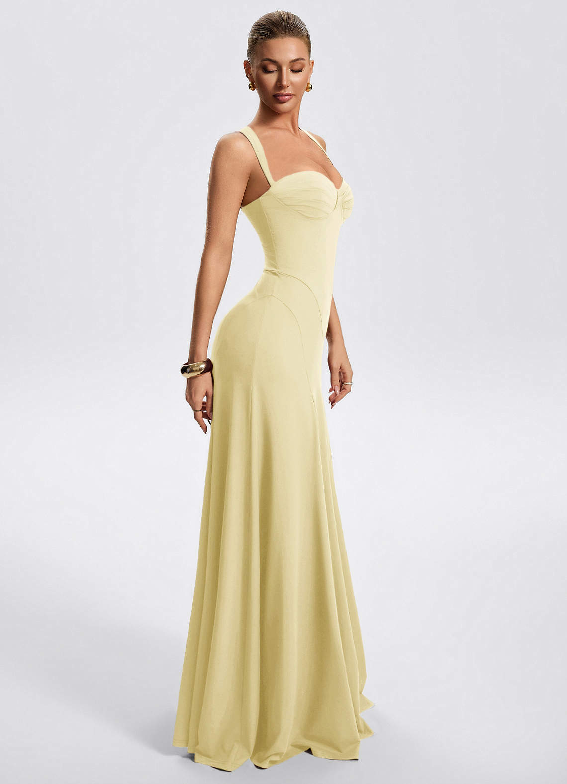 Zephira Fitted Sweetheart Godet Stretch Jersey Wedding Guest Dress in Lemon Sorbet