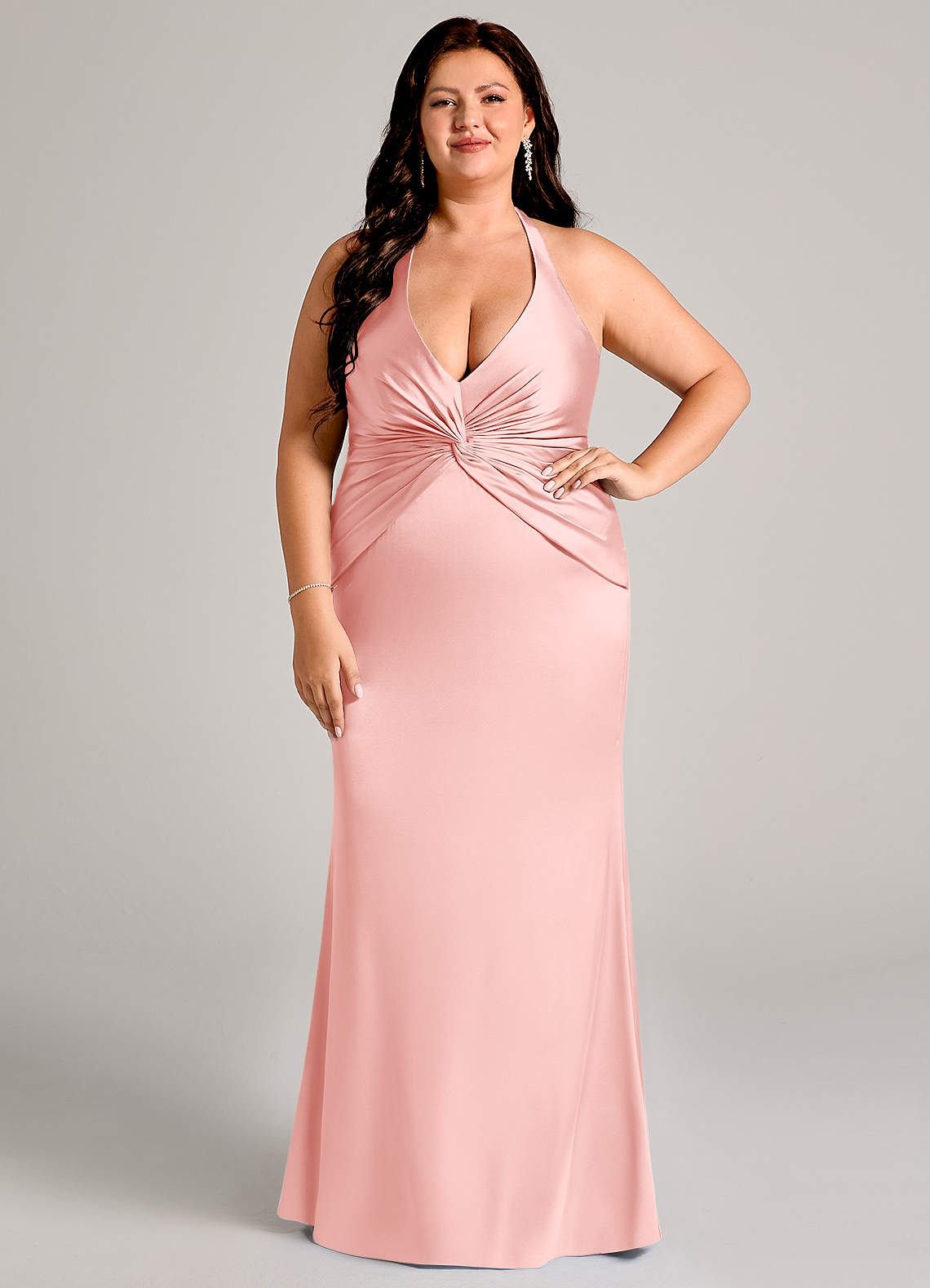 Valerie Mermaid V-Neck Stretch Satin Bridesmaid Dress in Powder Pink