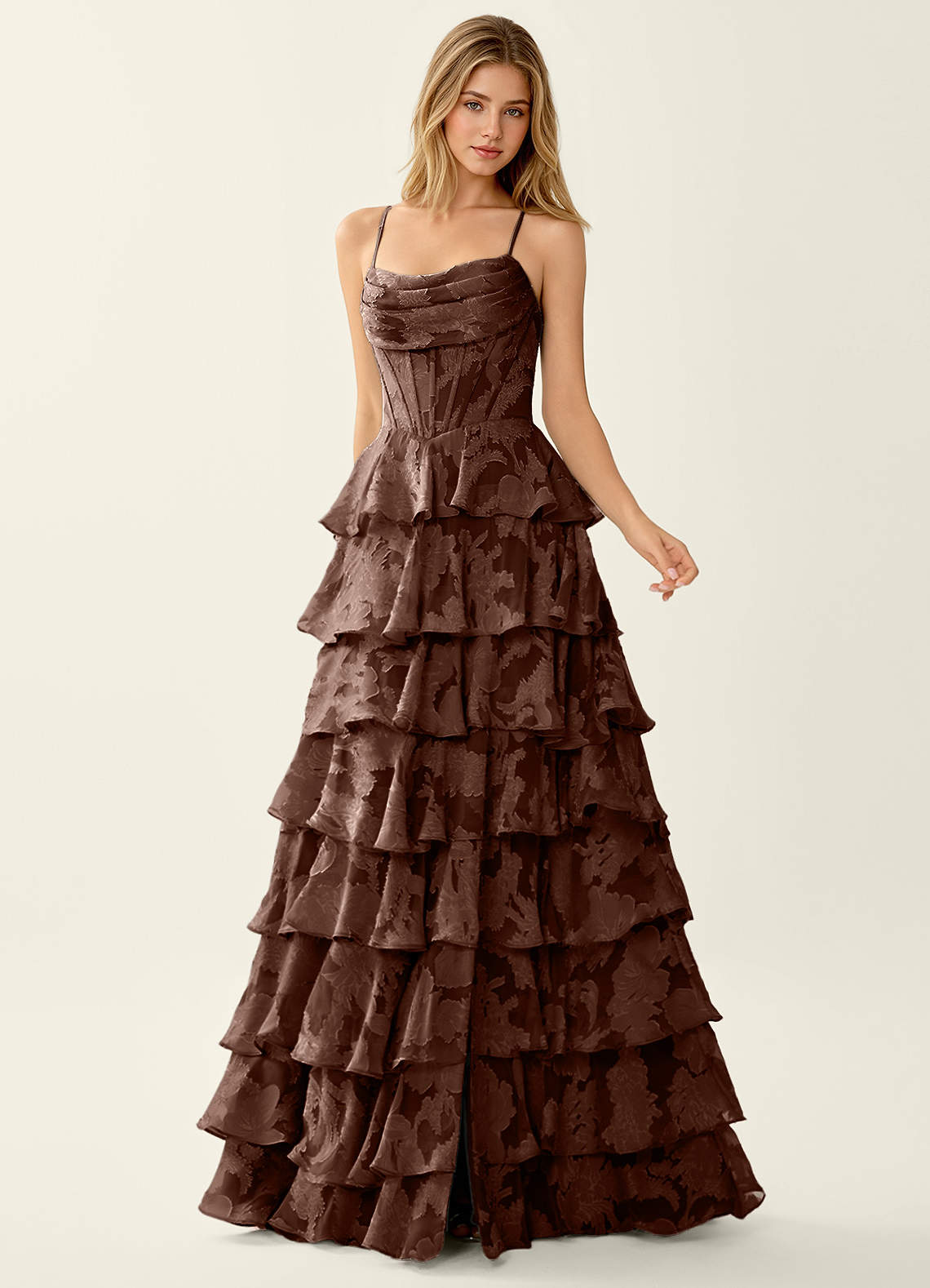 Wrenana A-Line Cowl-Neck Floral Burnout Evening Dress in Mocha Coco
