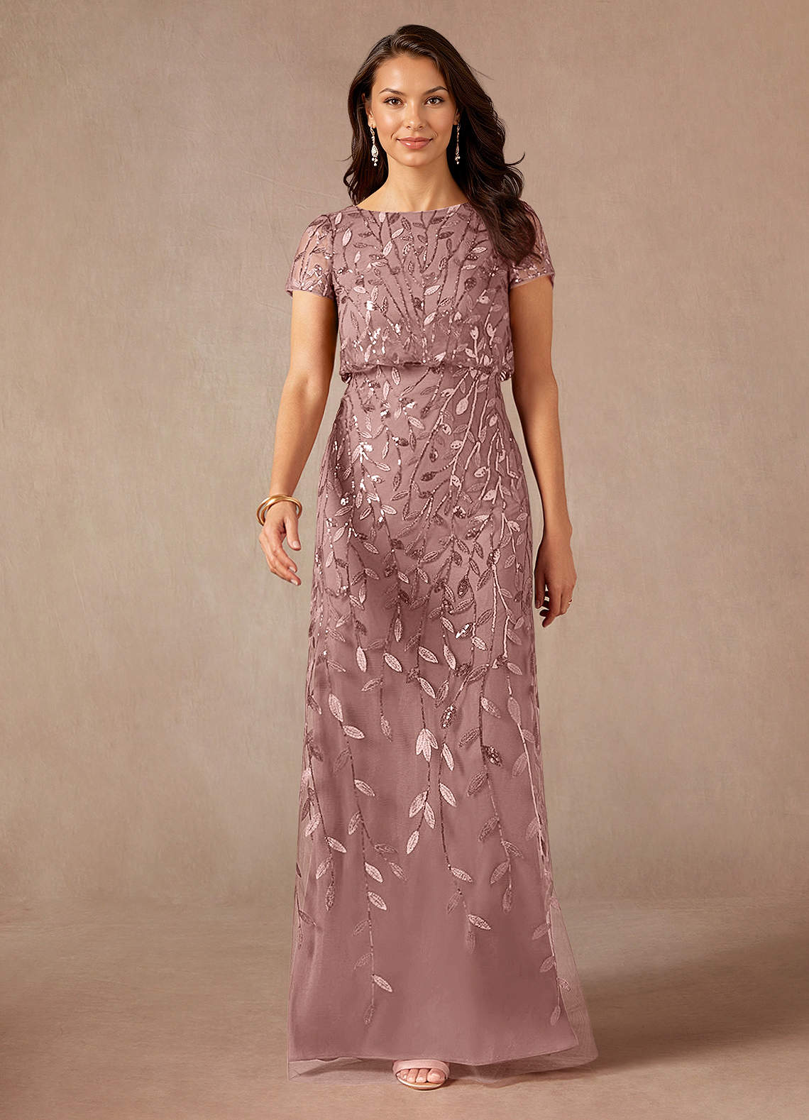 Lehi A-Line Boat-Neck Sequined Tulle Mother of the Bride Dress in Dusty Rose