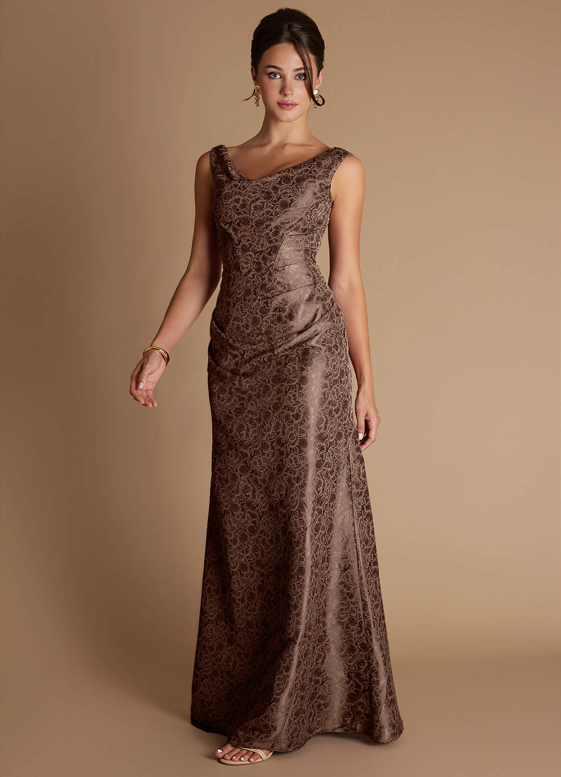 Kiana Mermaid Scoop-Neck Jacquard Wedding Guest Dress in Mocha Coco