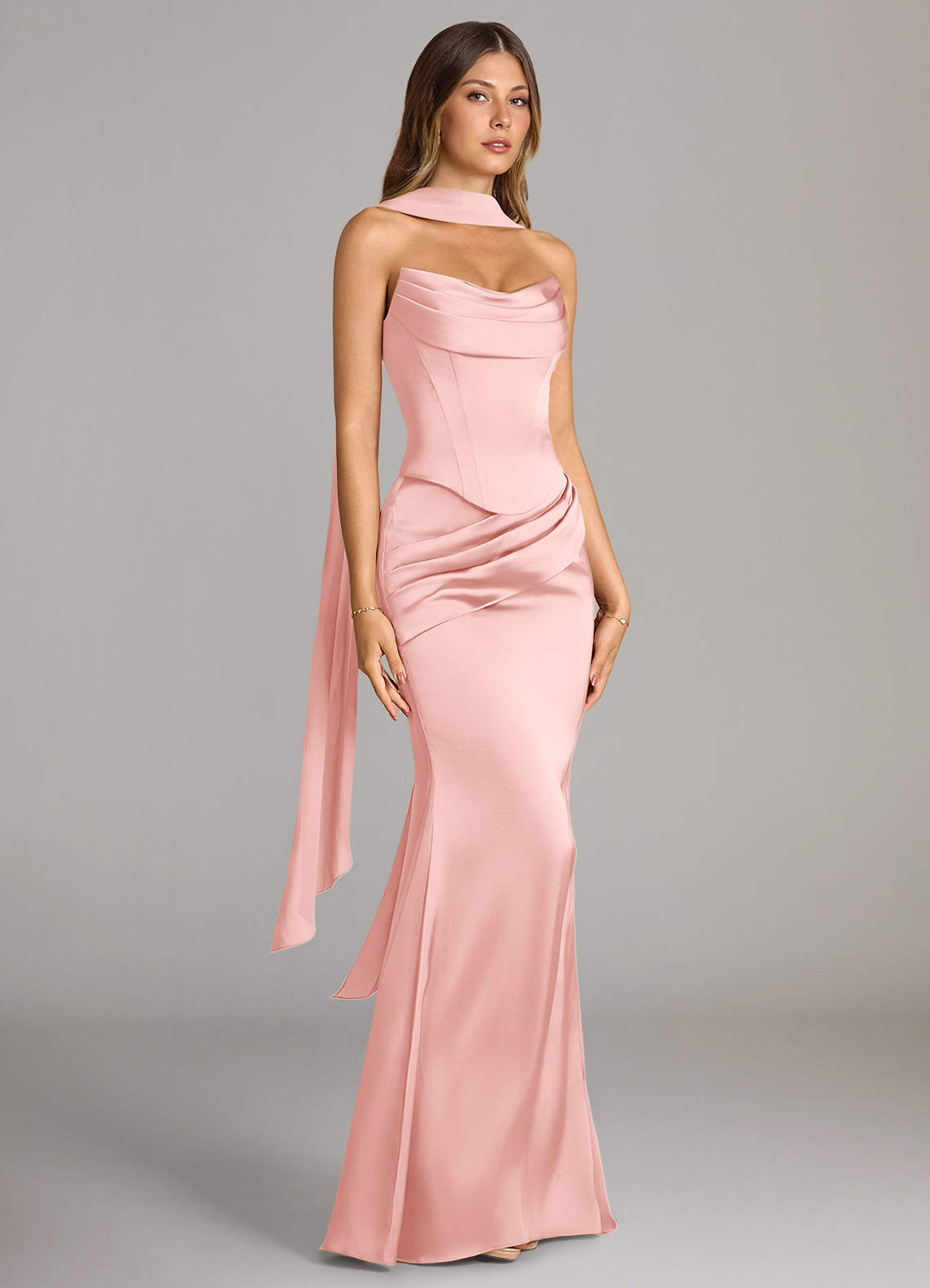 Sorrel Mermaid Cowl-Neck Stretch Satin and Chiffon Bridesmaid Dress in Powder Pink