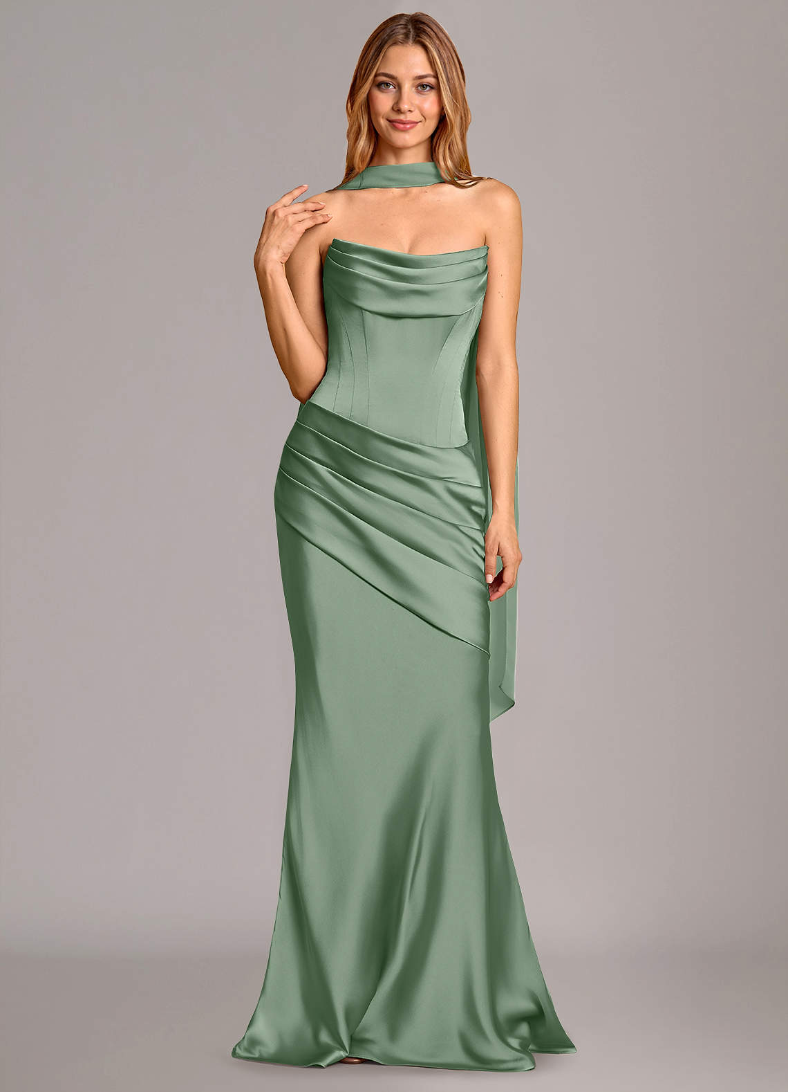 Pelagia Mermaid Cowl-Neck Stretch Satin Bridesmaid Dress in Matcha