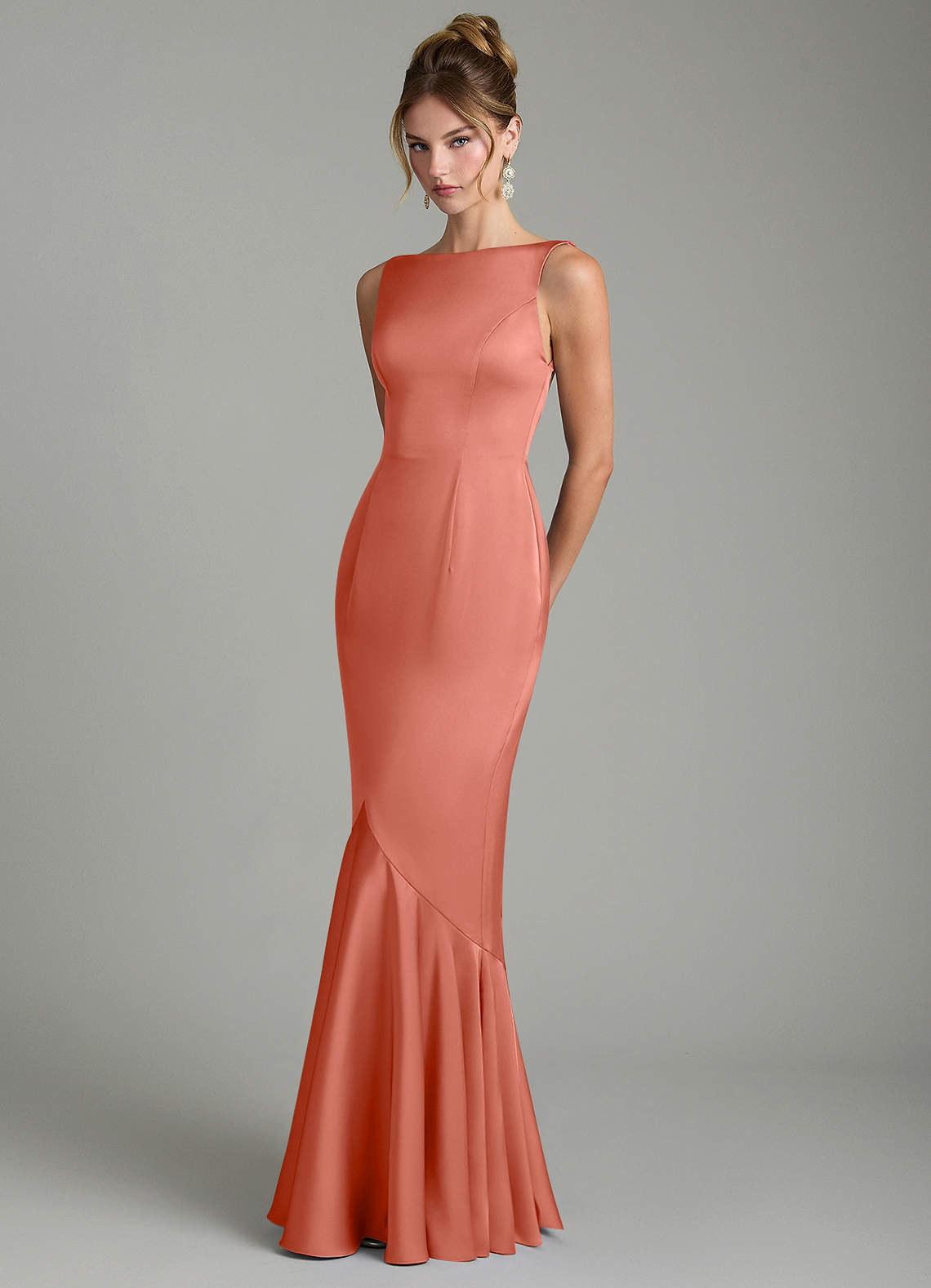 Tamera Mermaid Boat-Neck Stretch Satin and Chiffon Bridesmaid Dress in Salmon Pink