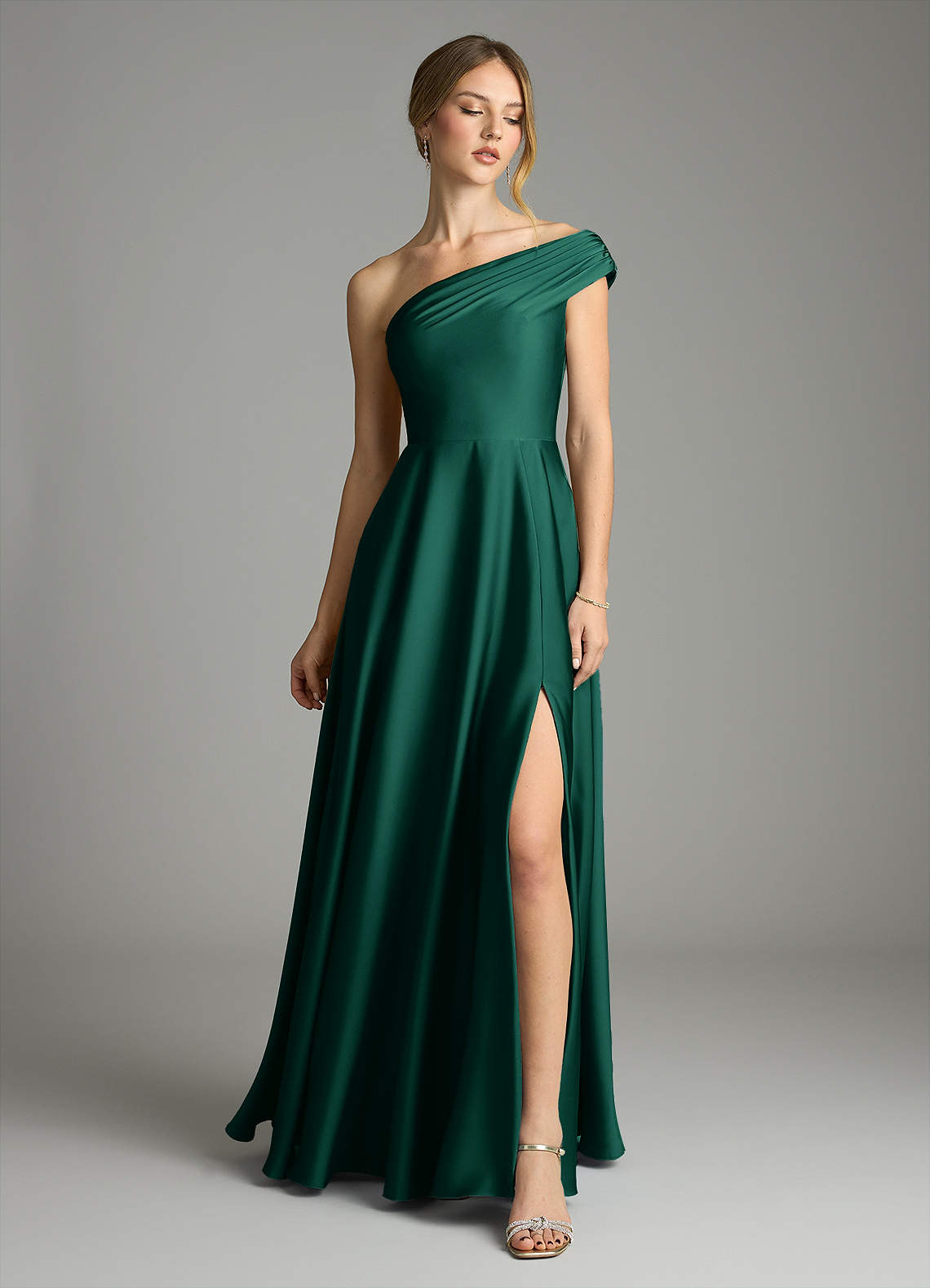 Melanie A-Line One-Shoulder Stretch Satin Bridesmaid Dress in Emerald