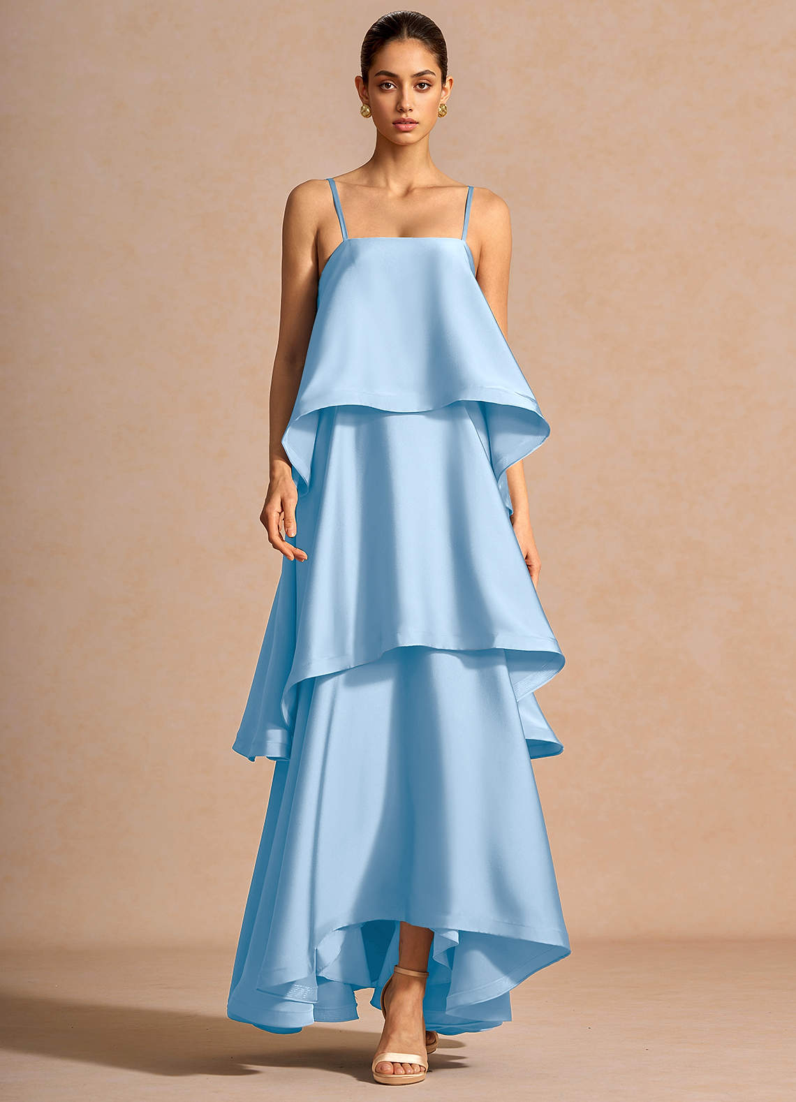 Itasca A-Line Tiered Stretch Satin Wedding Guest Dress in Haze blue