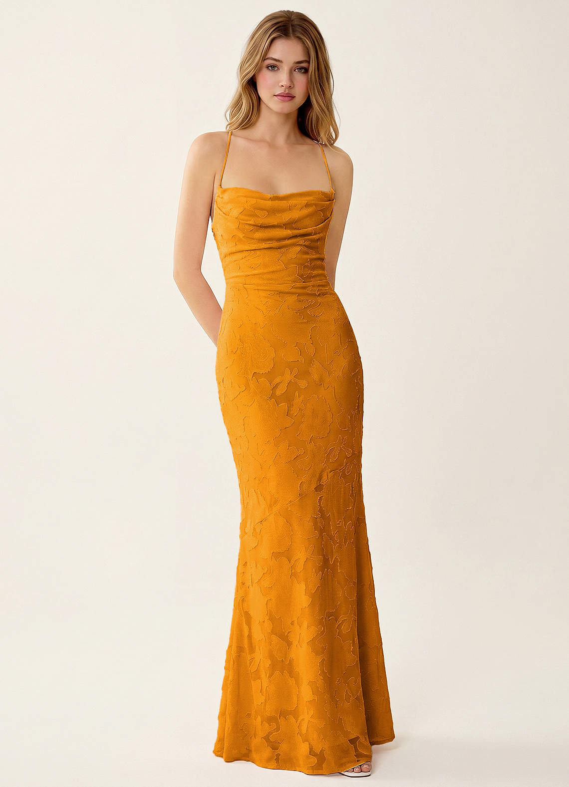 Natasha Mermaid Spaghetti-Strap Floral Burnout Evening Dress in butterscotch