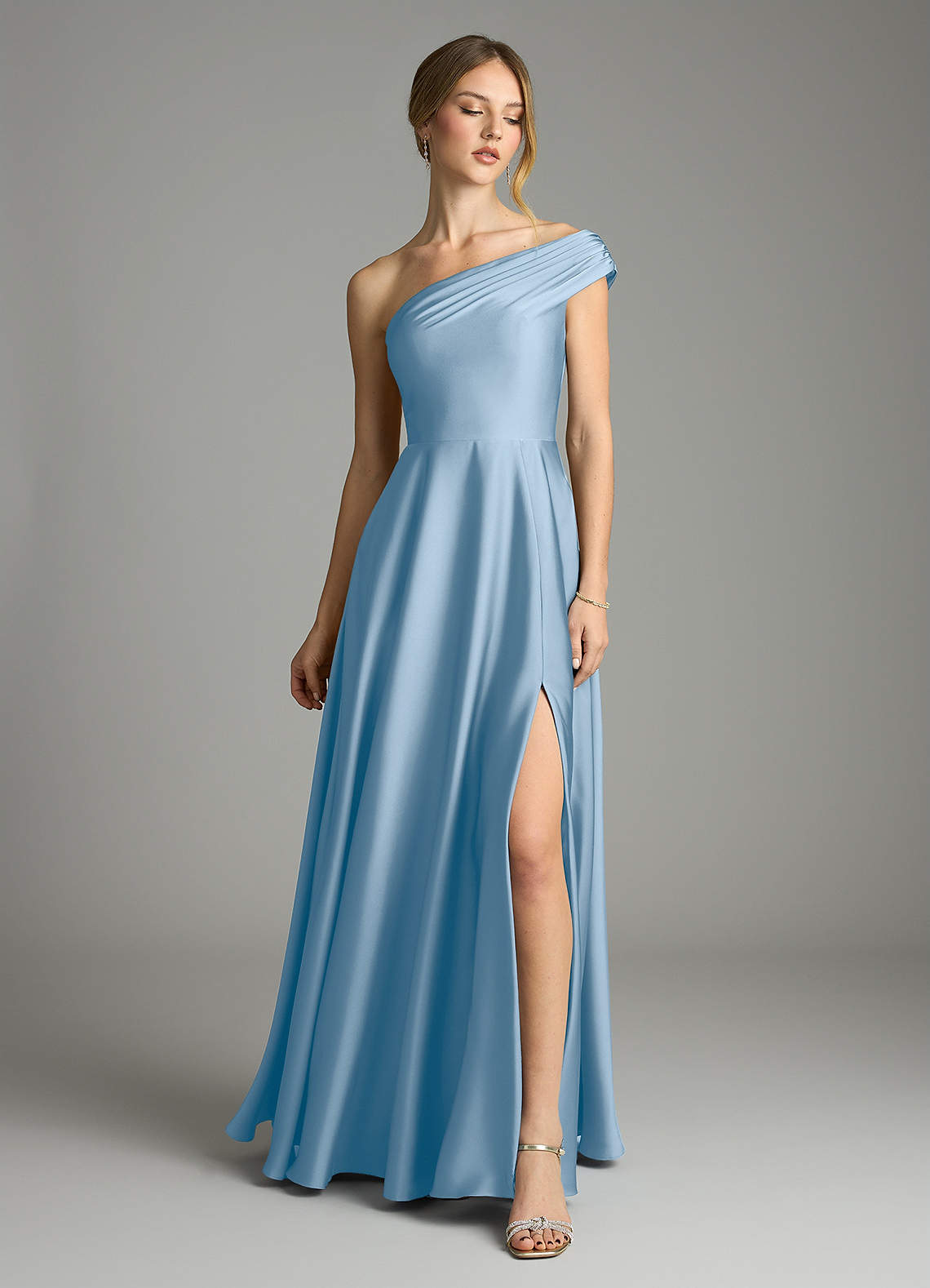 Melanie A-Line One-Shoulder Stretch Satin Bridesmaid Dress in Powder Blue