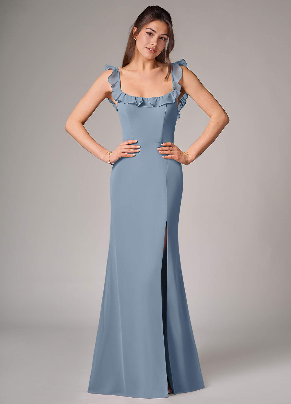 Callie Mermaid Scoop-Neck Chiffon Bridesmaid Dress in dusty blue