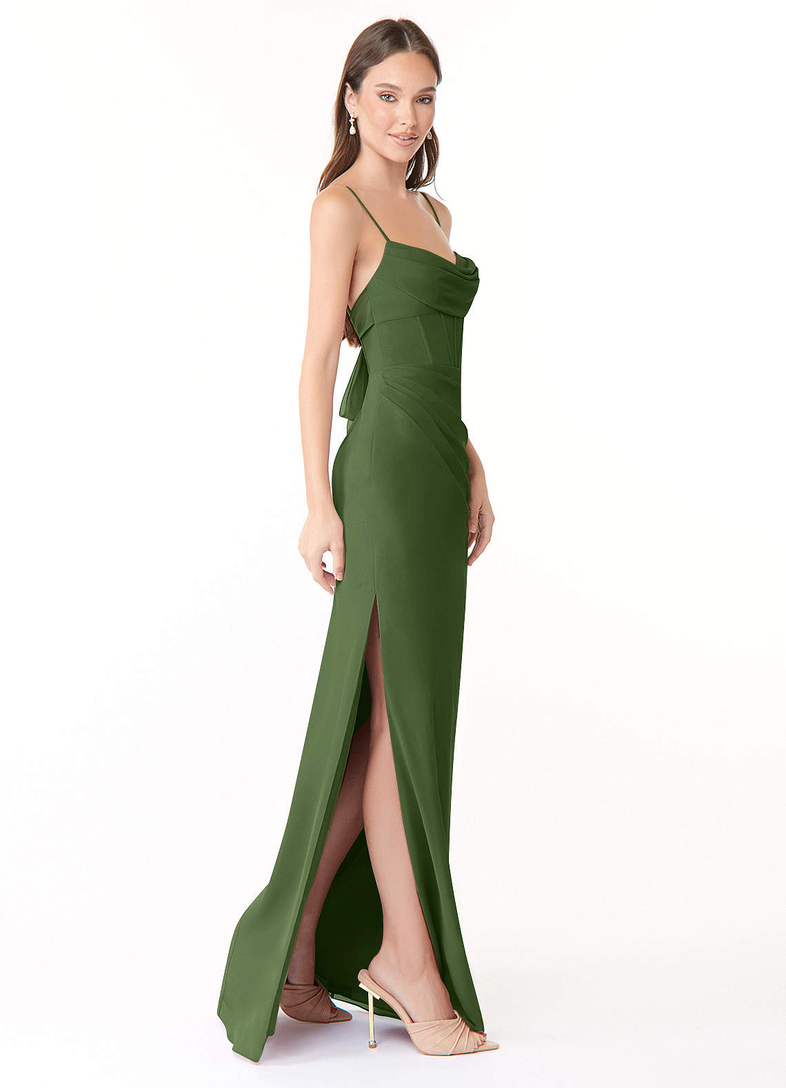 Mai Sheath Cowl-Neck Chiffon Bridesmaid Dress in Olive