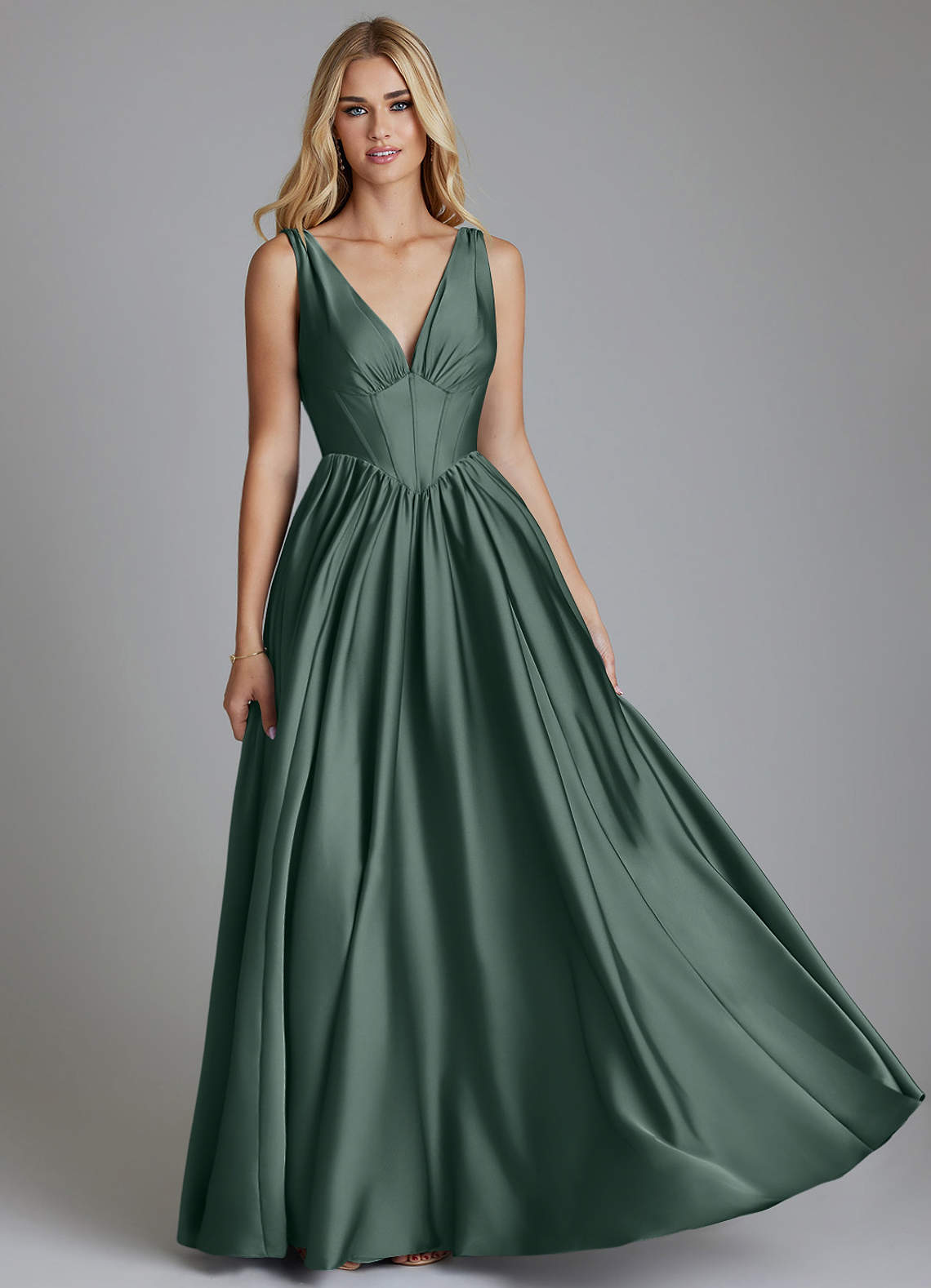 Delmie A-Line V-Neck Stretch Satin Bridesmaid Dress in Sea Moss