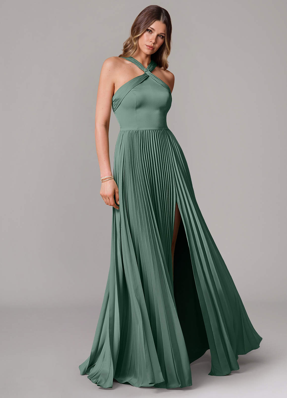 Afra A-Line Halter-Neck Stretch Satin Bridesmaid Dress in Eucalyptus