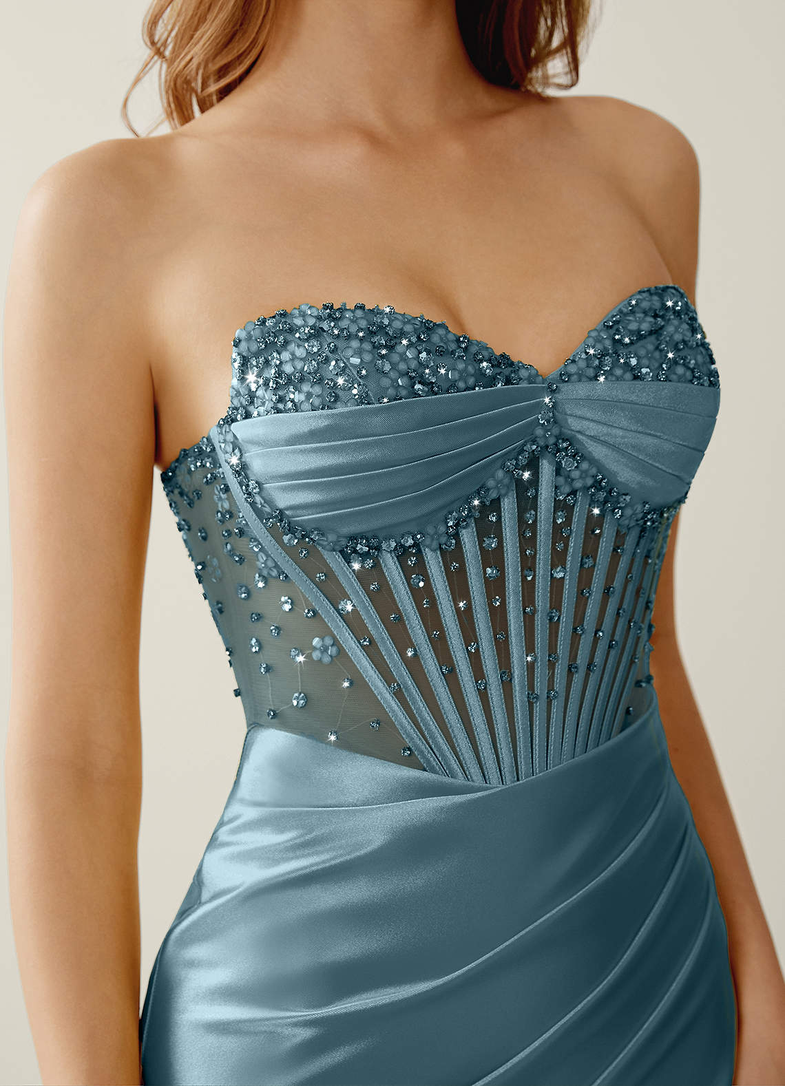 Willa Mermaid Strapless Sequined Satin Evening Dress in dusty blue